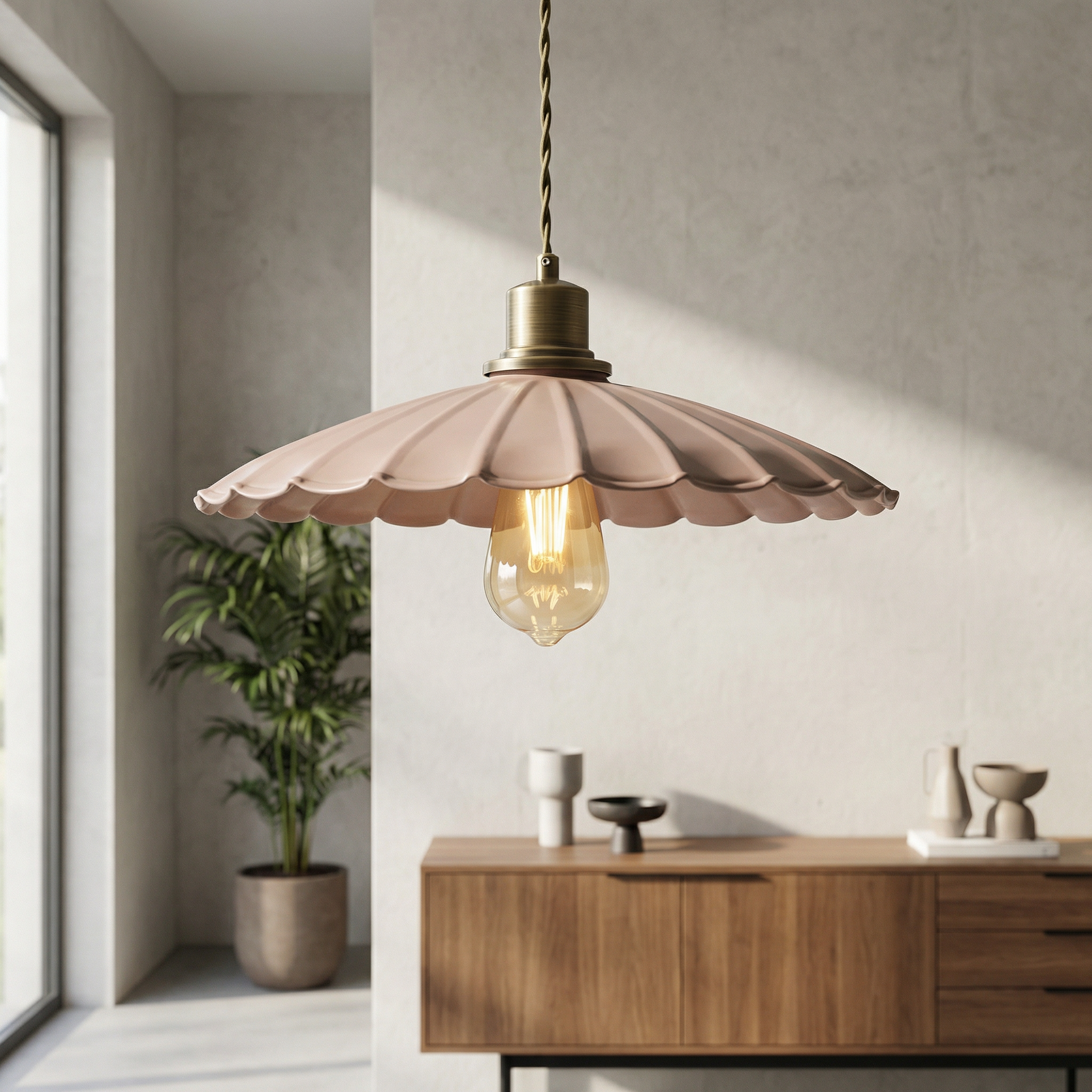 Roselle Dusky Pink Scalloped Pendant Light – Vintage Gold Accent