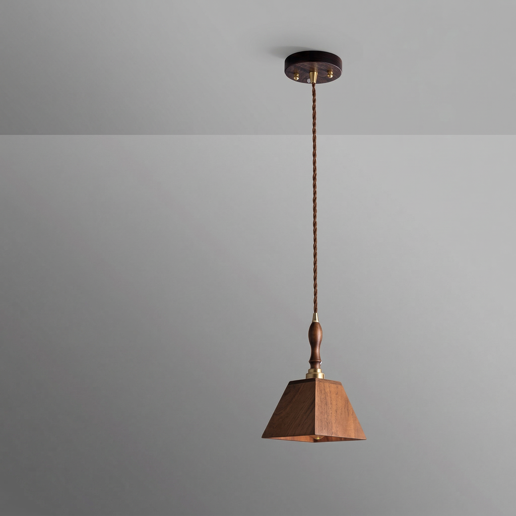 Japanese Walnut Wood Pyramid Pendant Light