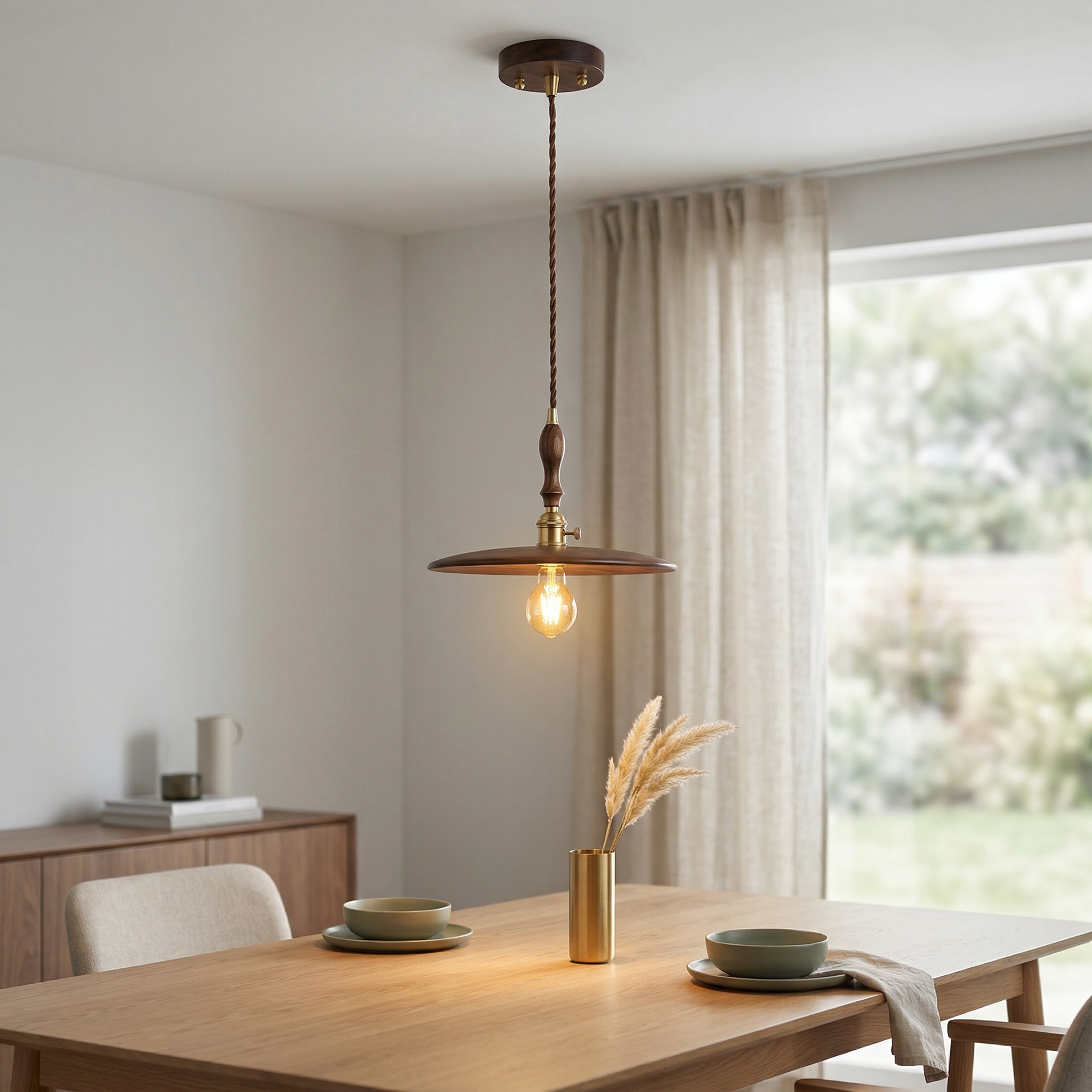 Japanese Walnut Wood Pendant Light