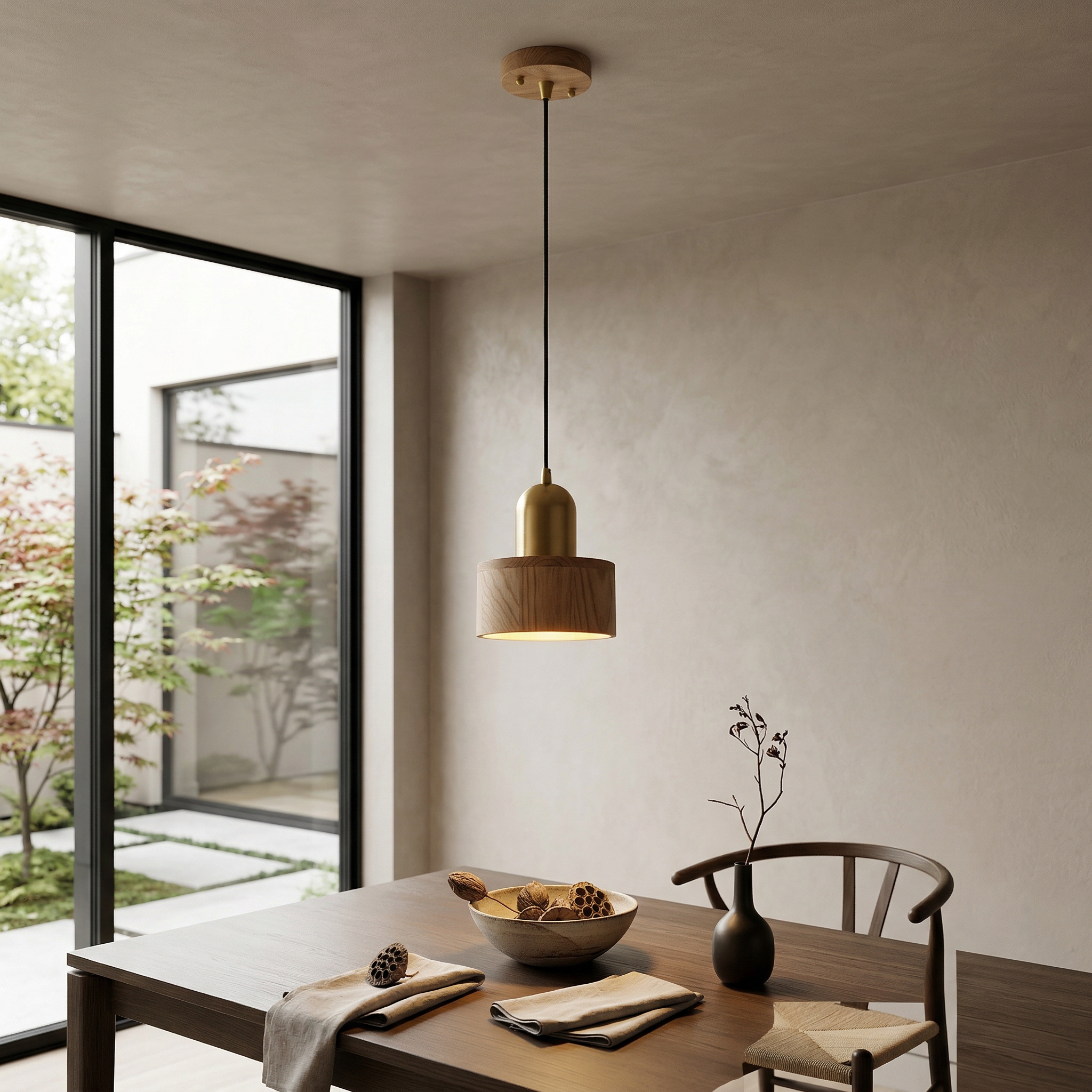 Japanese Walnut Wood Cylinder Pendant Light