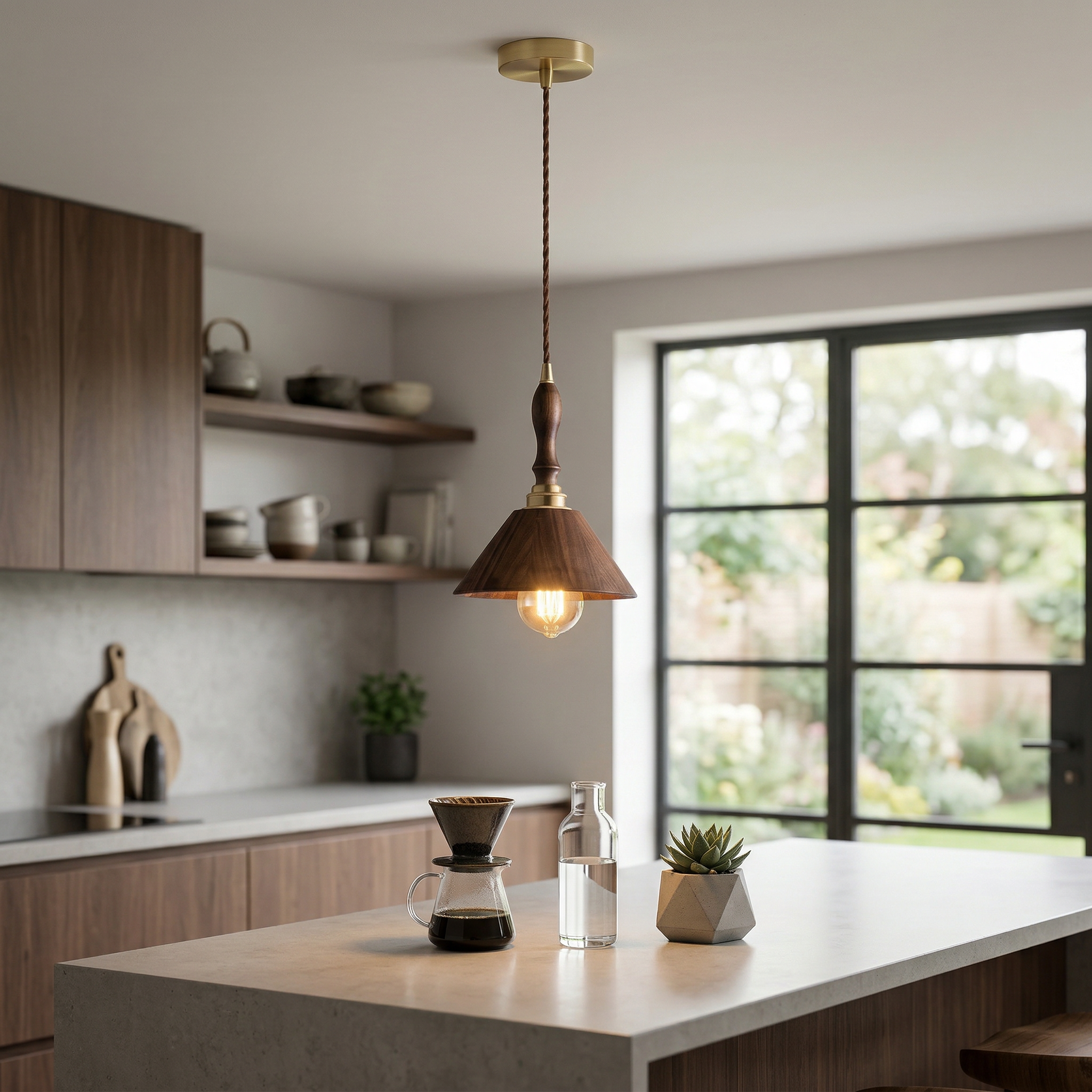 Japanese Walnut Wood Cone Pendant Light