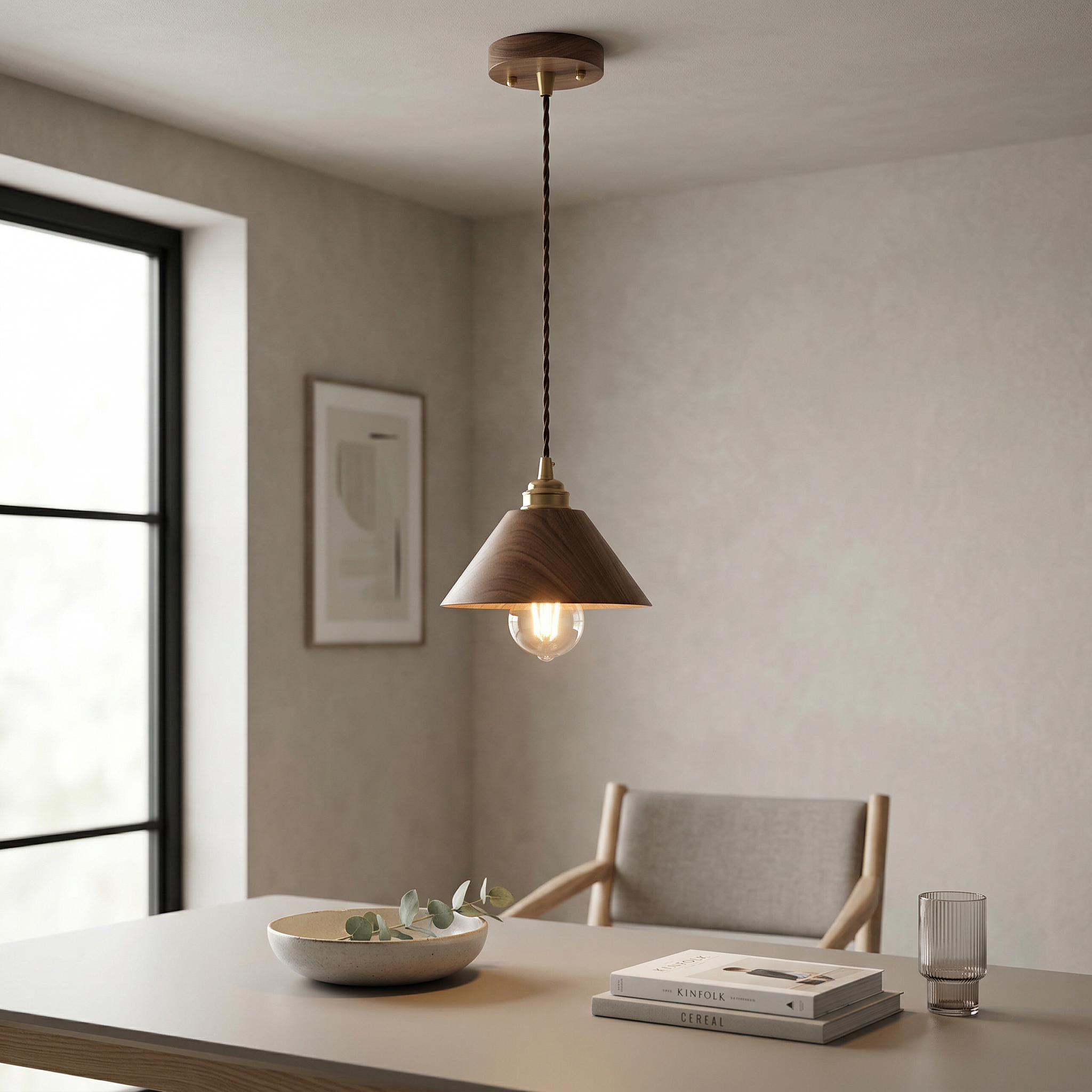 Japanese Walnut Wood Cone Pendant Light