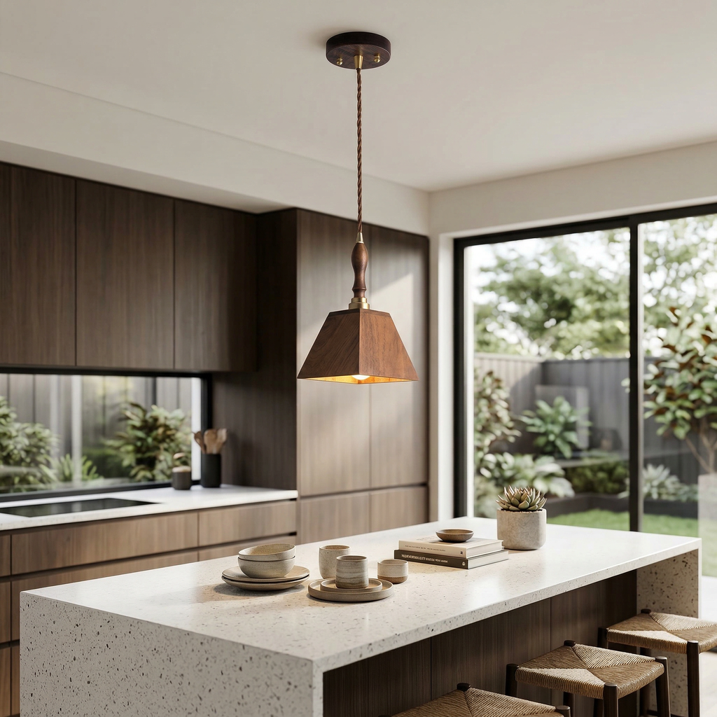 Japanese Walnut Wood Pyramid Pendant Light