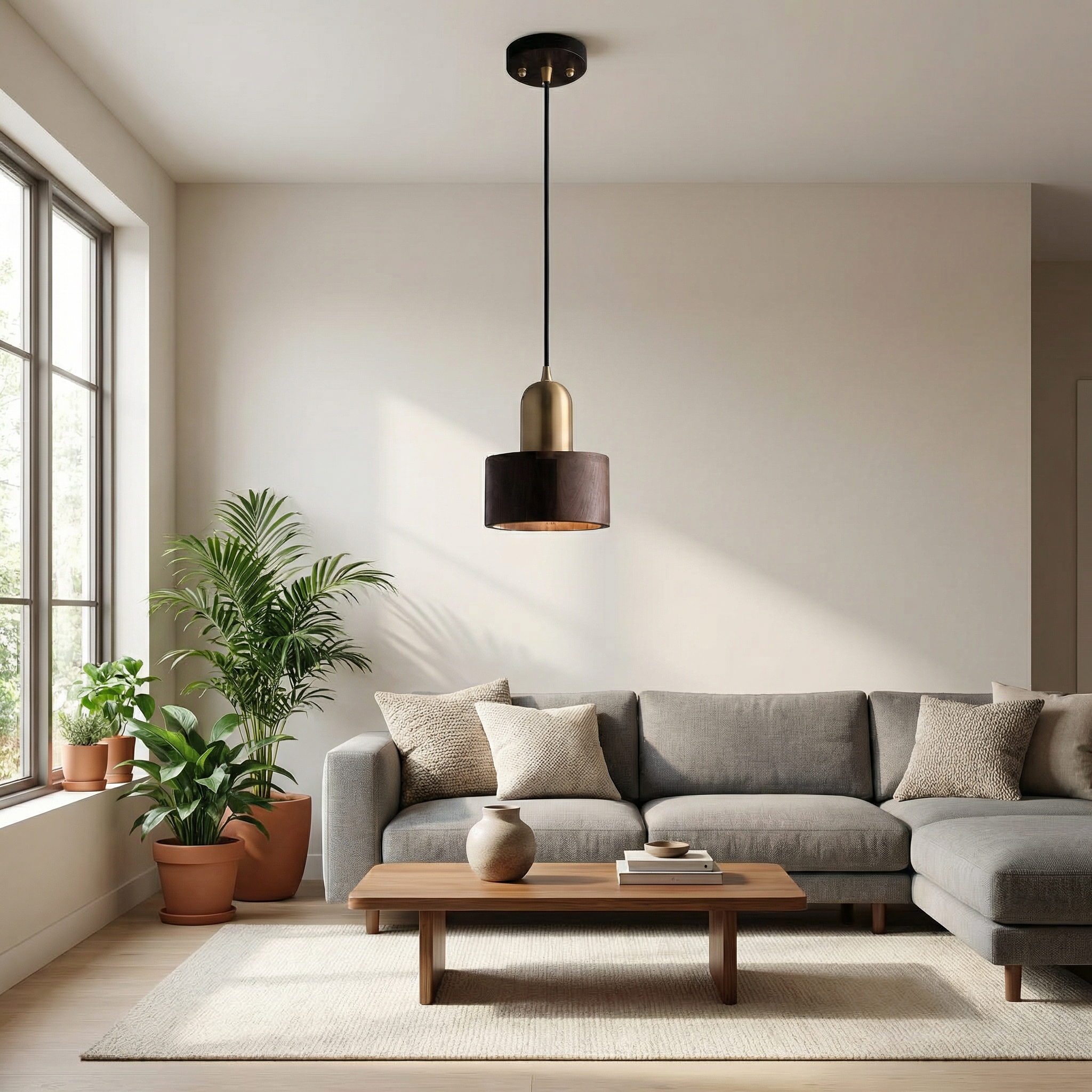 Japanese Walnut Wood Cylinder Pendant Light