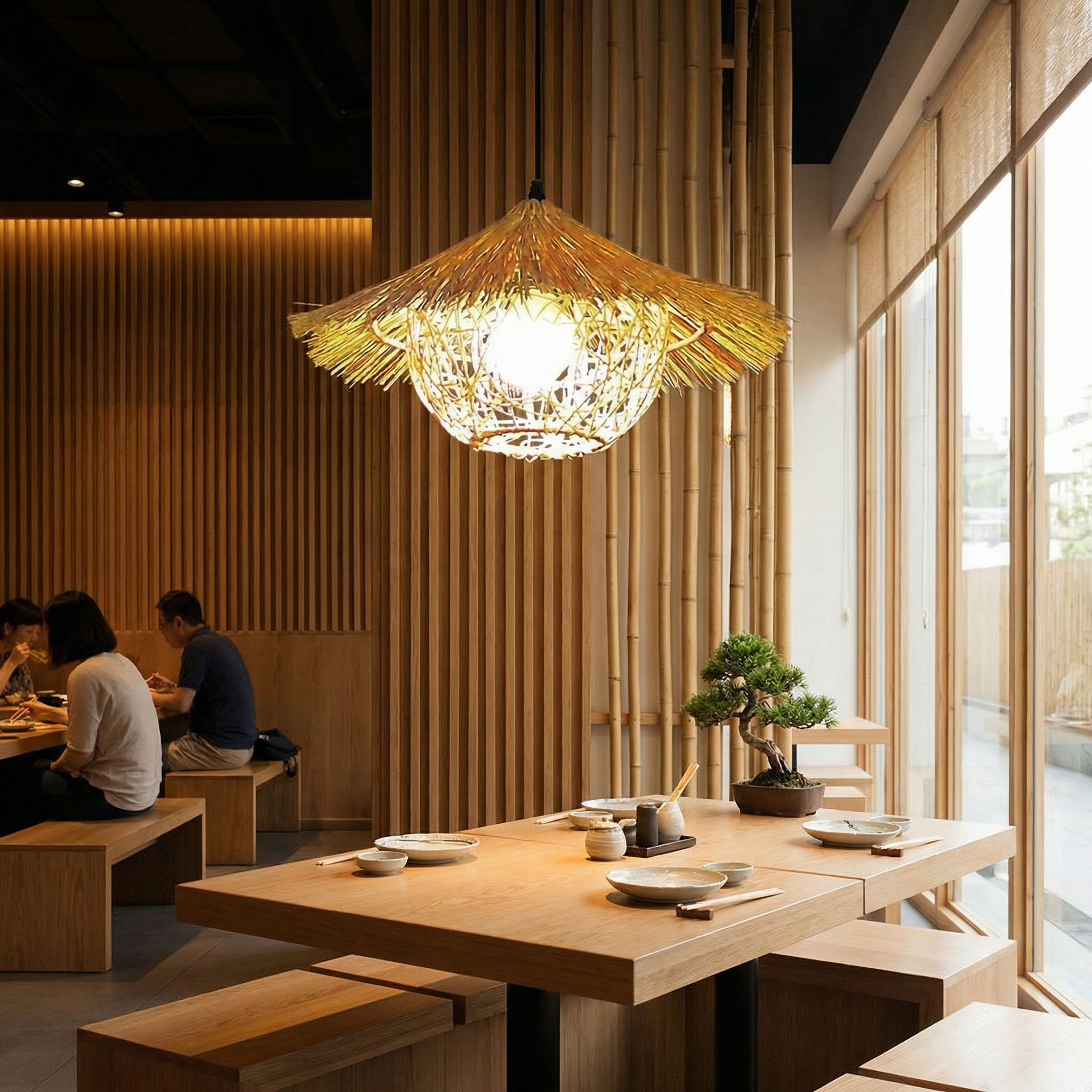 Handwoven Bamboo Fringe Pendant Light