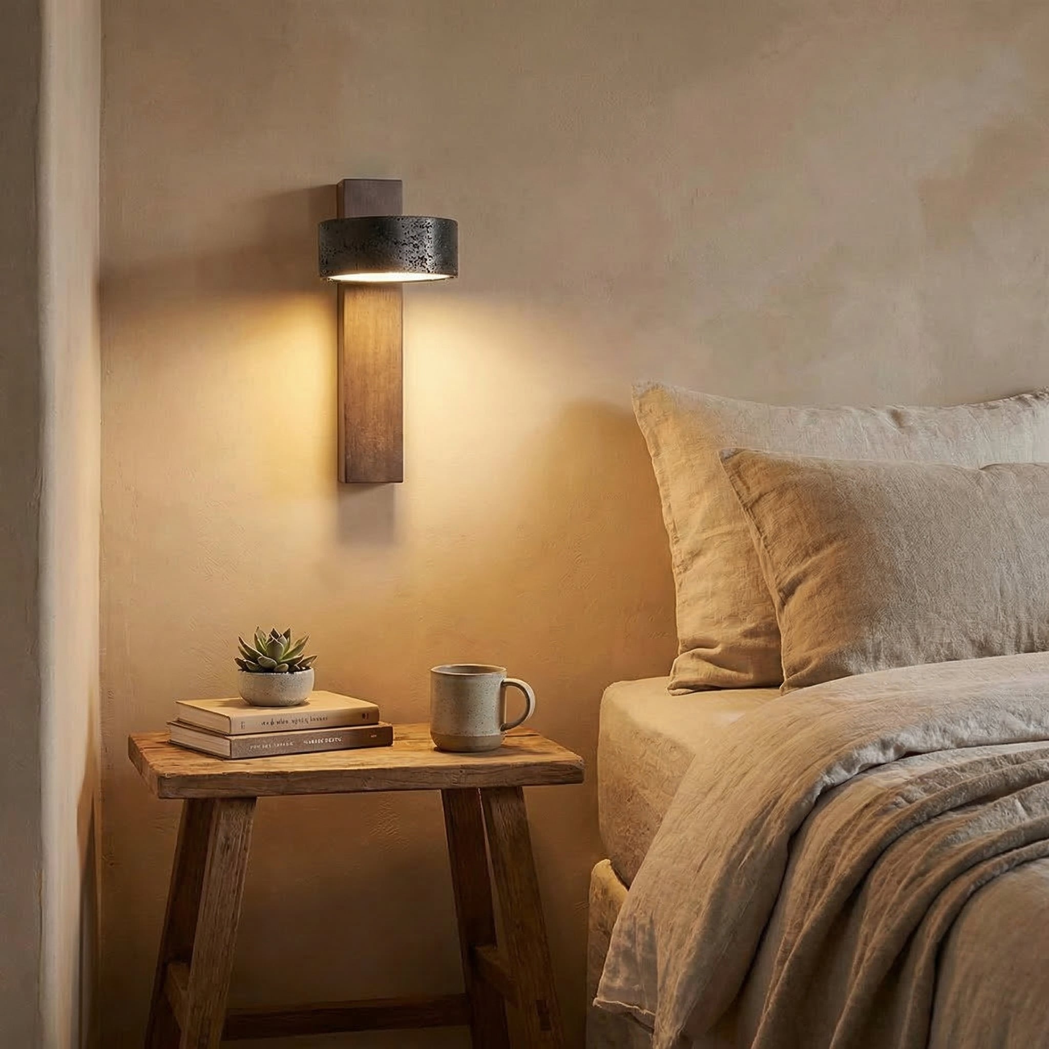 Yellow Travertine Rotatable Wall Lamp with Solid Wood Base