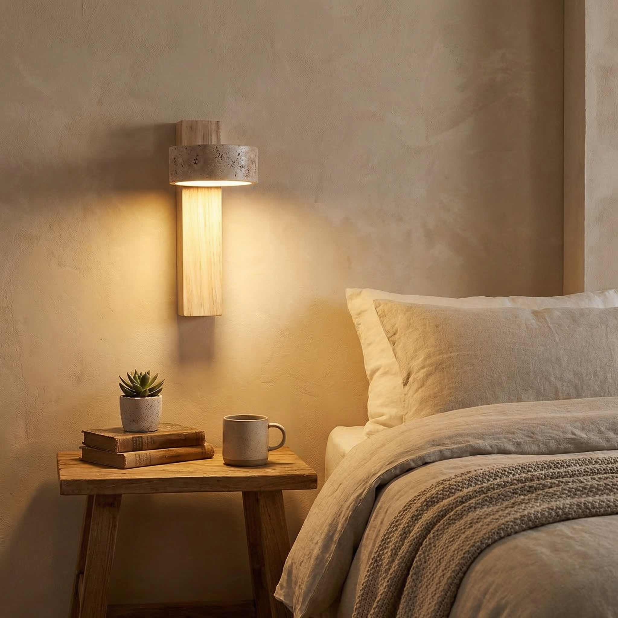 Yellow Travertine Rotatable Wall Lamp with Solid Wood Base
