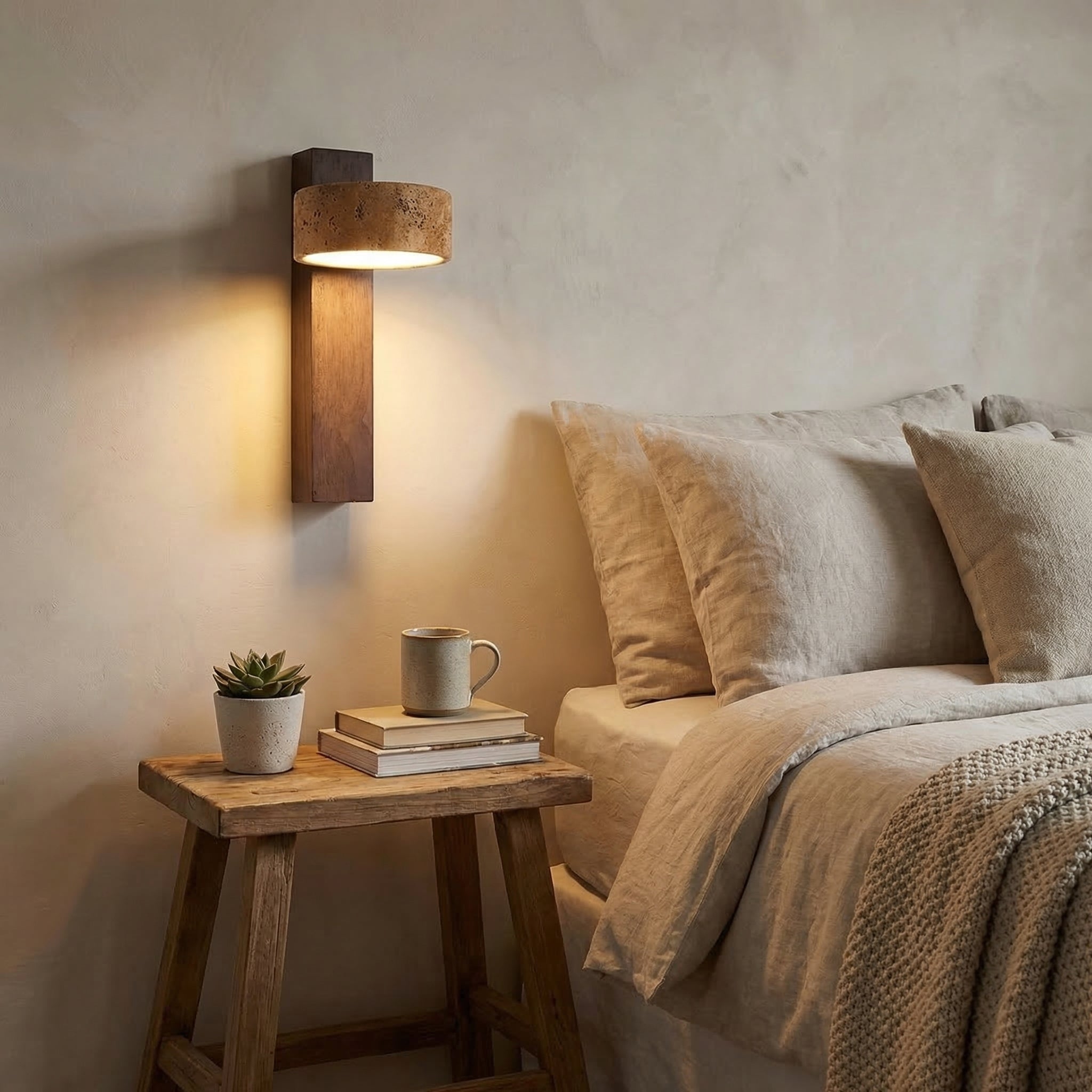 Yellow Travertine Rotatable Wall Lamp with Solid Wood Base