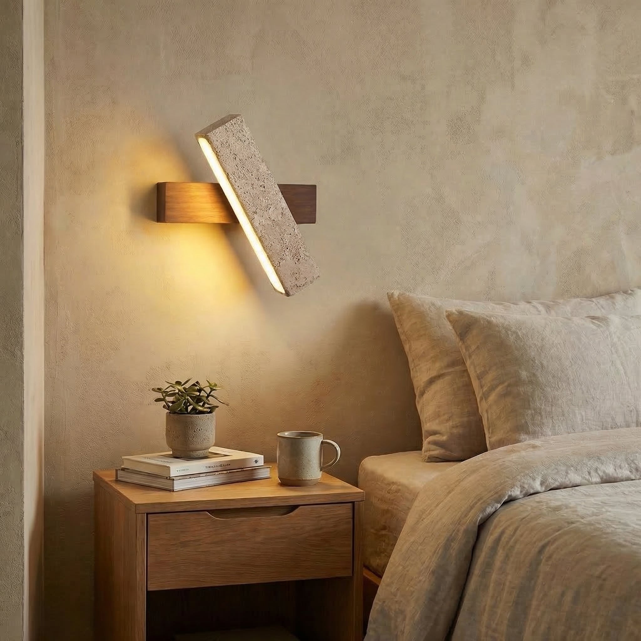 Yellow Travertine Rotatable Wall Light with Walnut Wood Finish