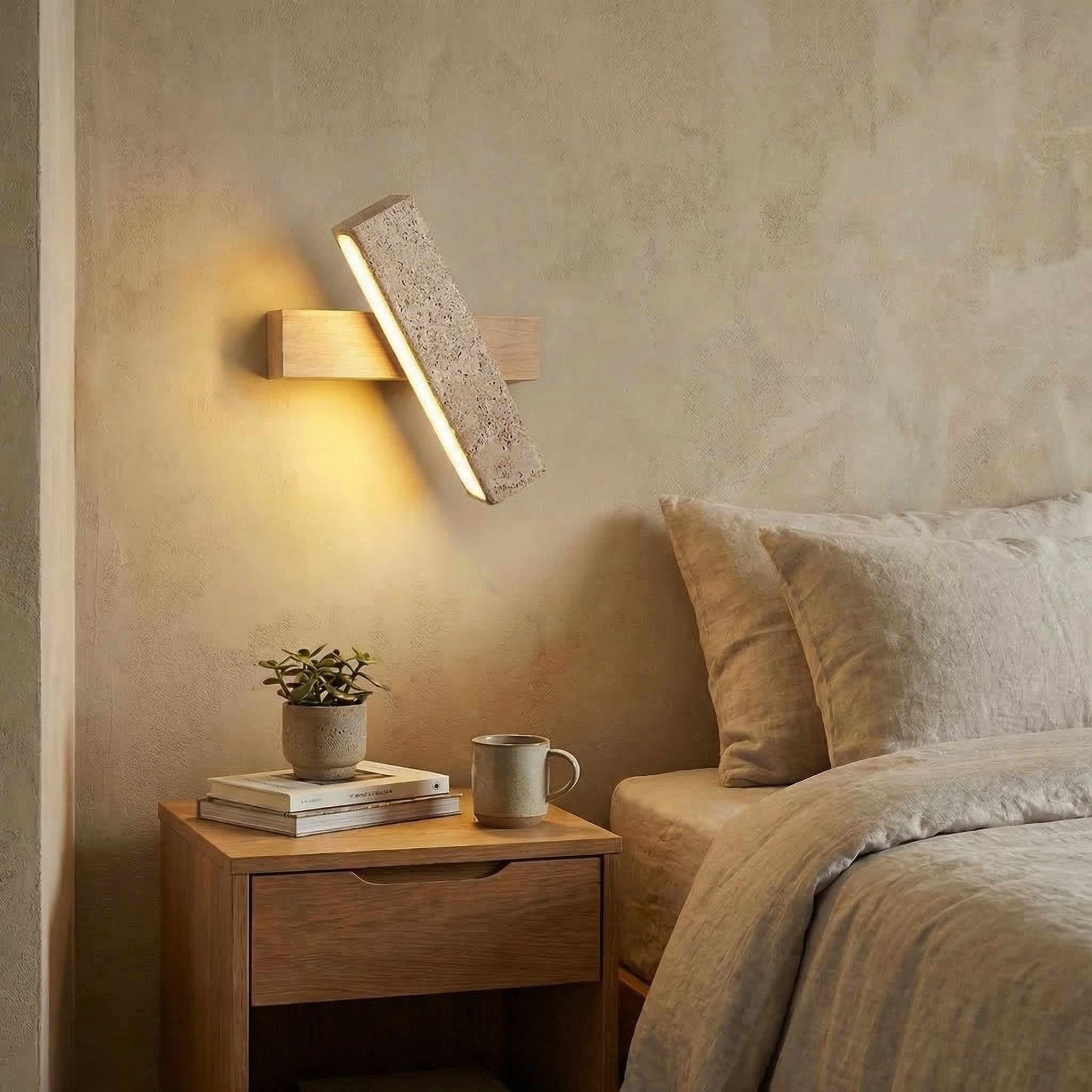 Yellow Travertine Rotatable Wall Light with Walnut Wood Finish