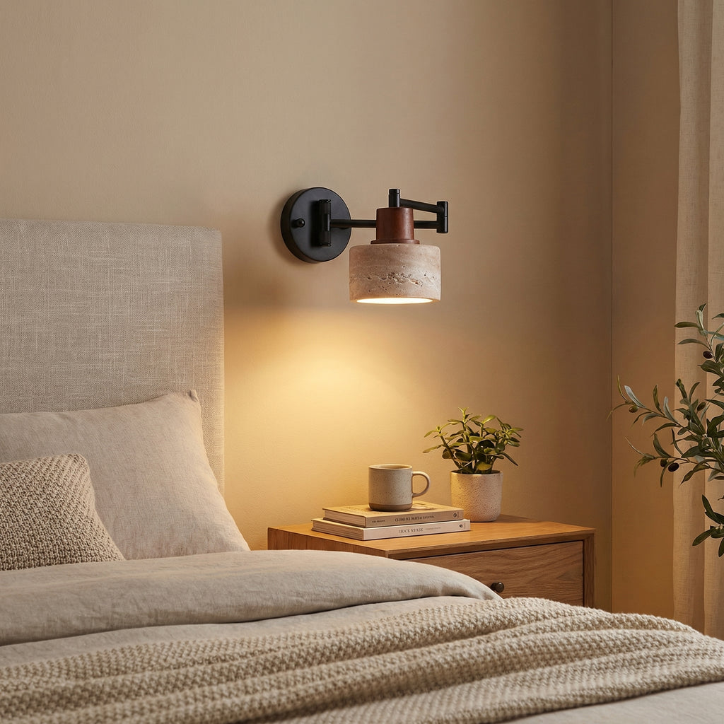 Swing Arm Travertine Wall Lamp with Wooden Accent