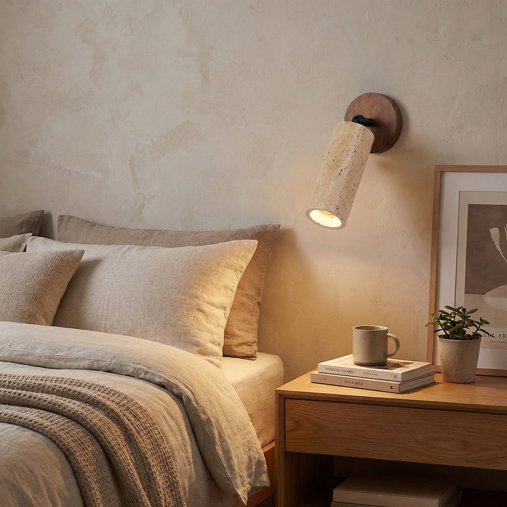 Yellow Travertine Cylinder Wall Spotlight with Wooden Base