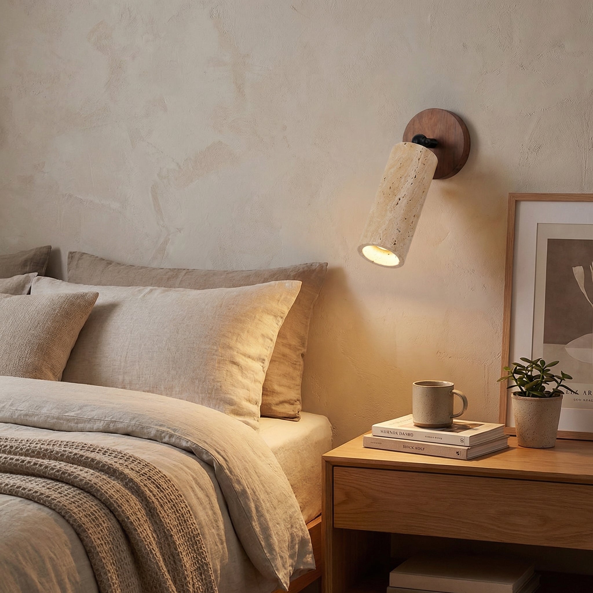 Yellow Travertine Cylinder Wall Spotlight with Wooden Base