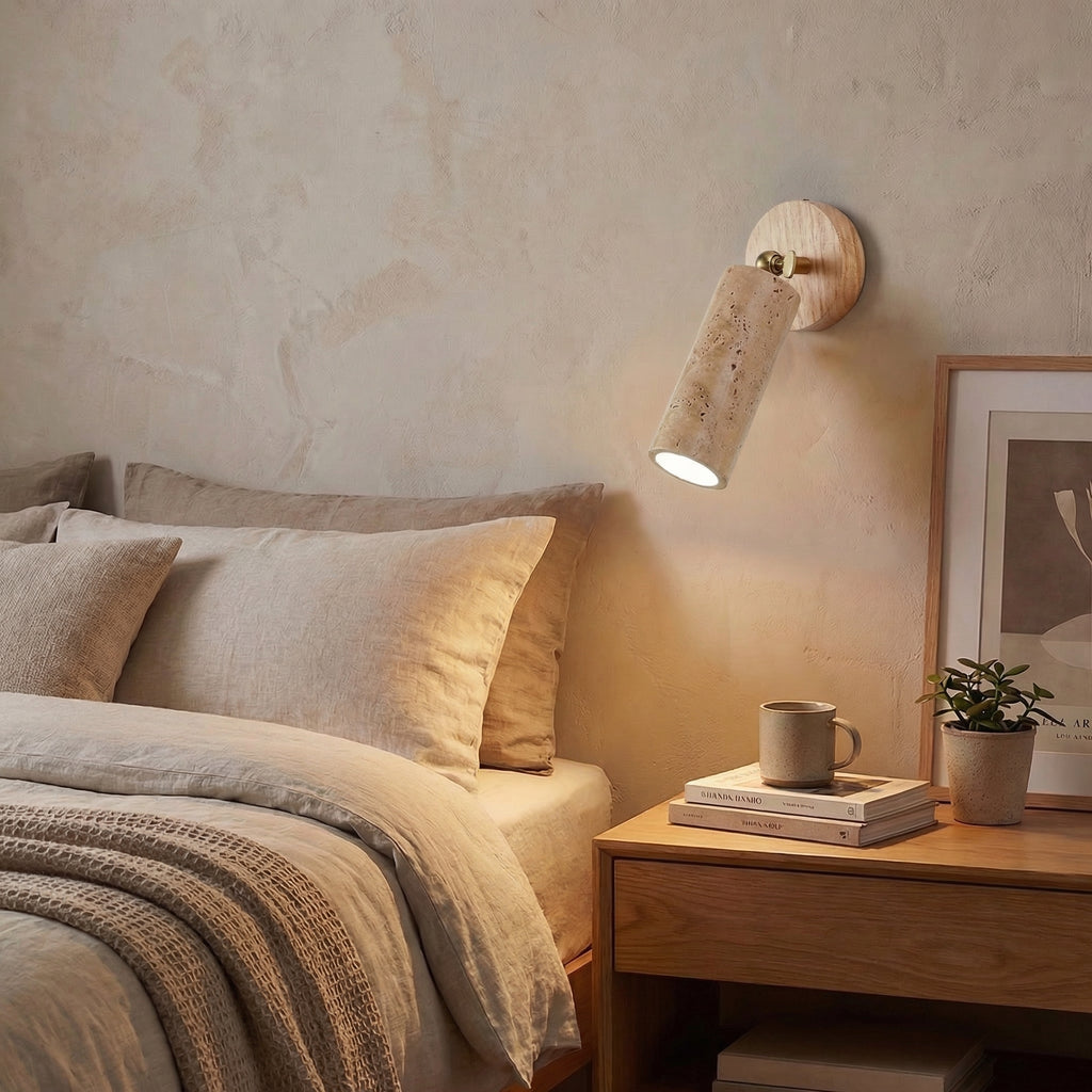Yellow Travertine Cylinder Wall Spotlight with Wooden Base