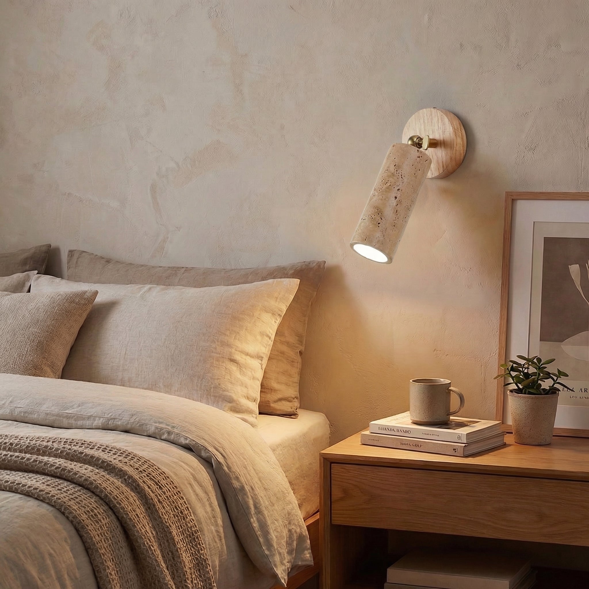 Yellow Travertine Cylinder Wall Spotlight with Wooden Base