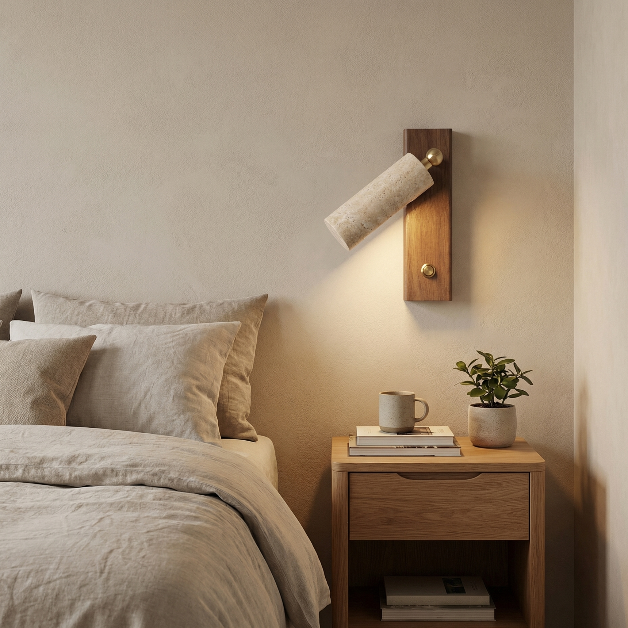 Adjustable Travertine Wall Lamp with Walnut Wood Panel