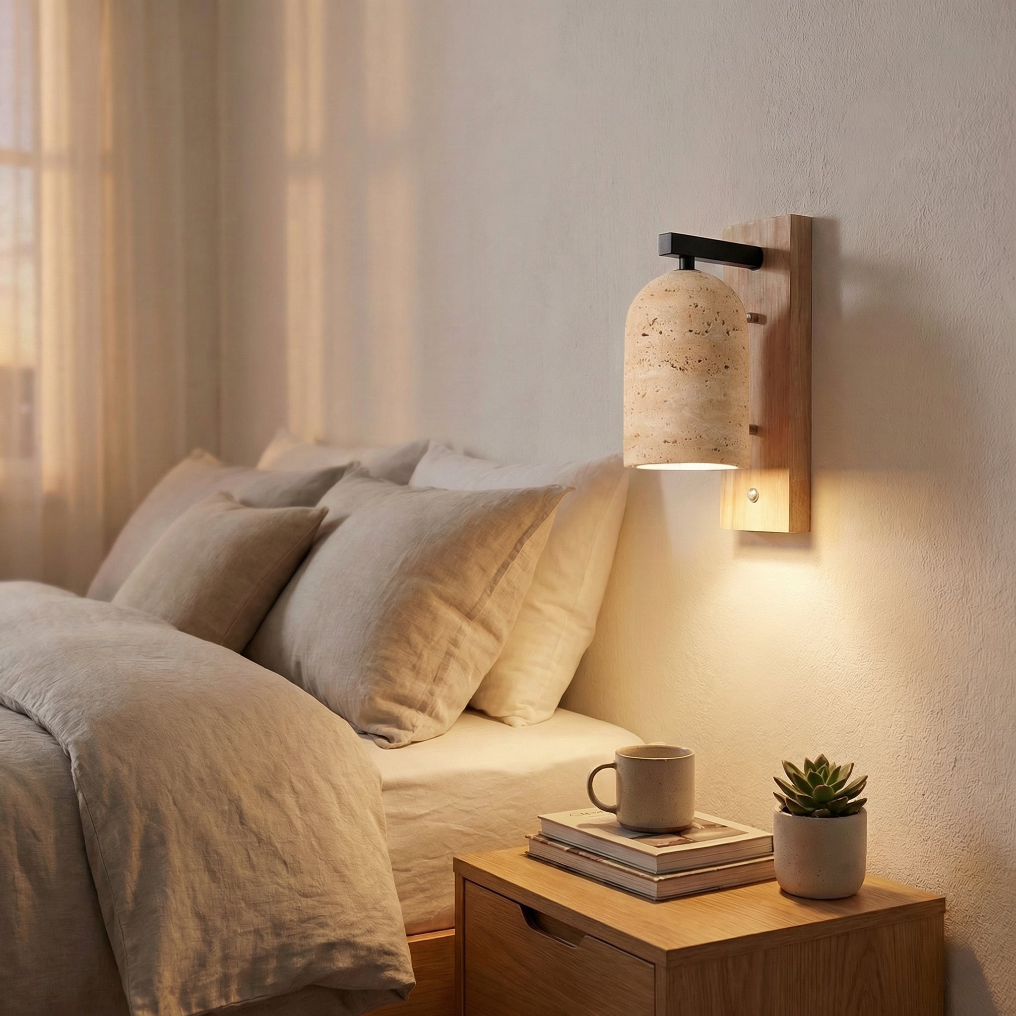 Yellow Travertine Wall Lamp with Wood Finish