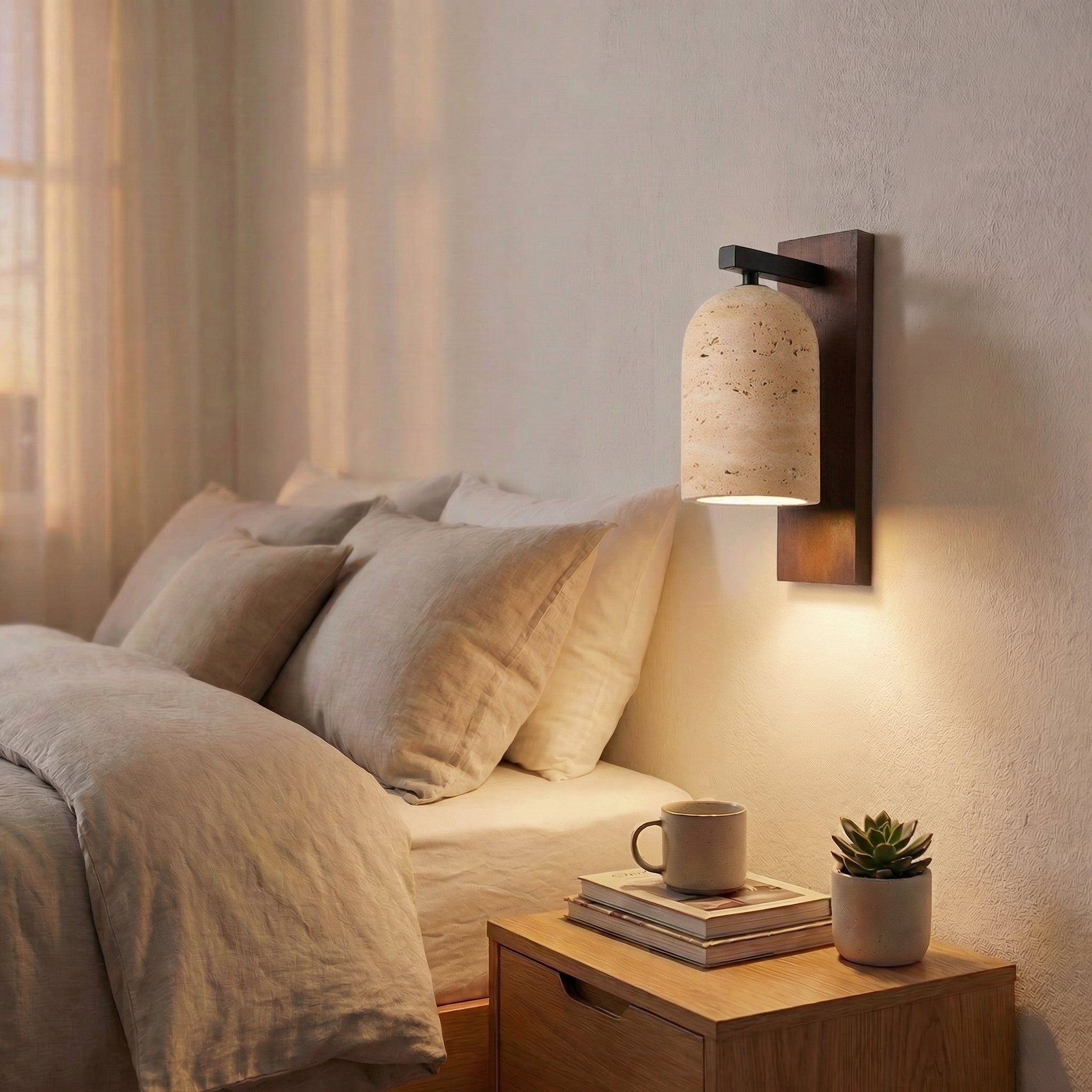 Yellow Travertine Wall Lamp with Wood Finish