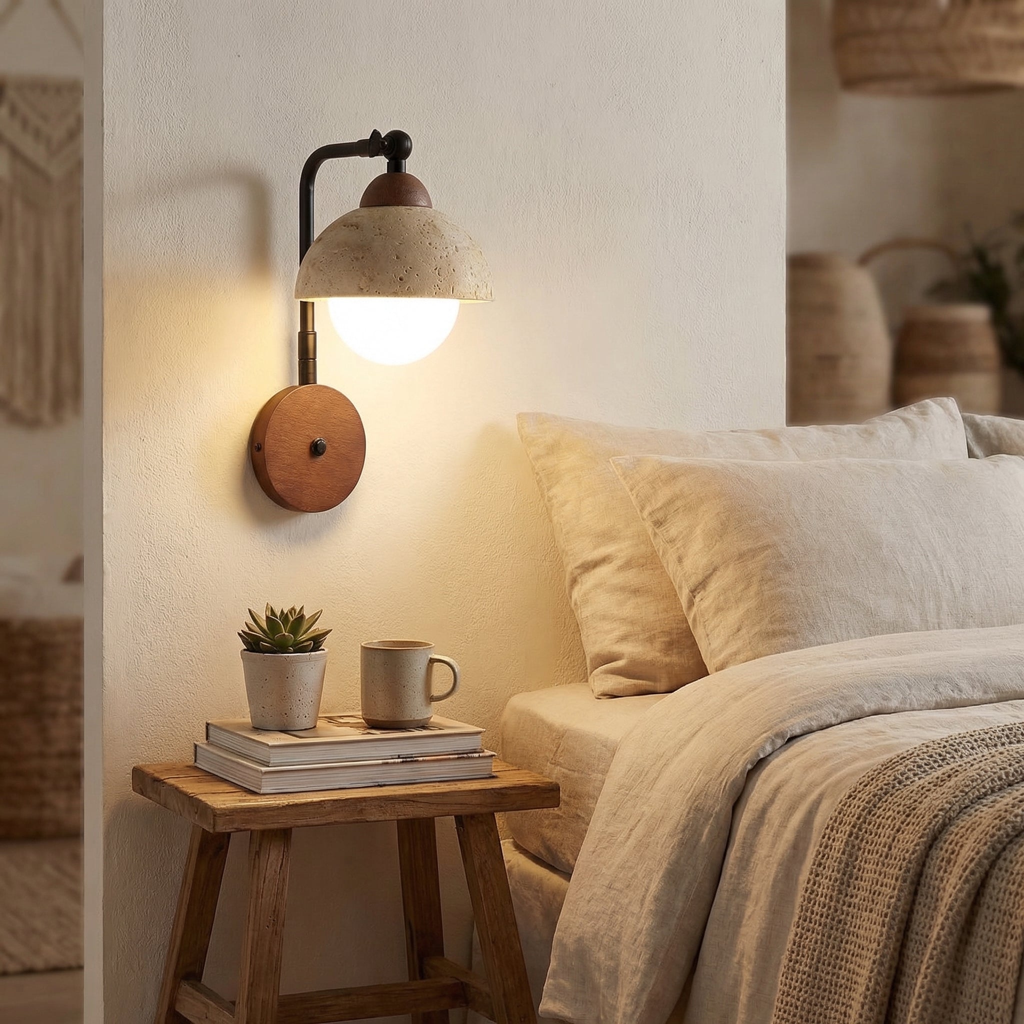 Travertine Dome Wall Lamp with Curved Arm
