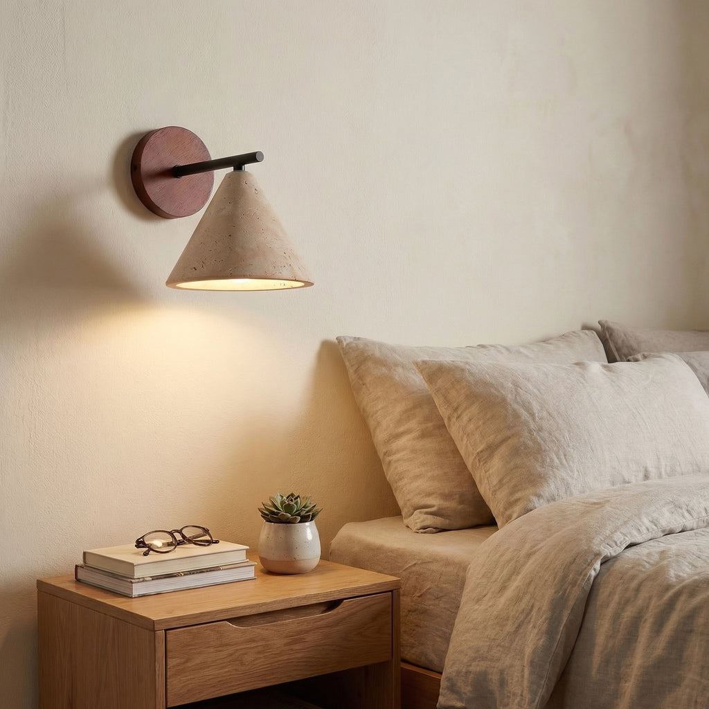 Travertine Cone Wall Lamp with Wooden Base