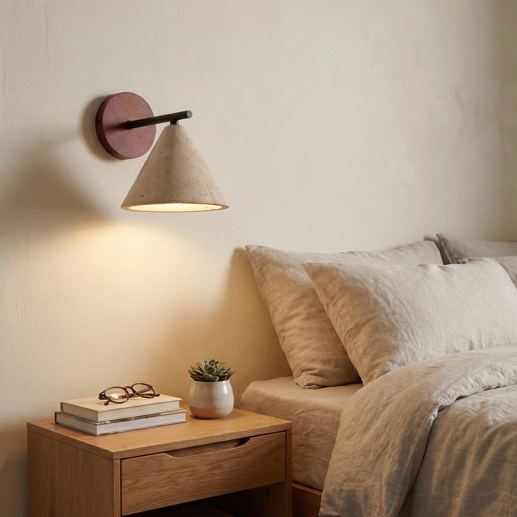 Travertine Cone Wall Lamp with Wooden Base