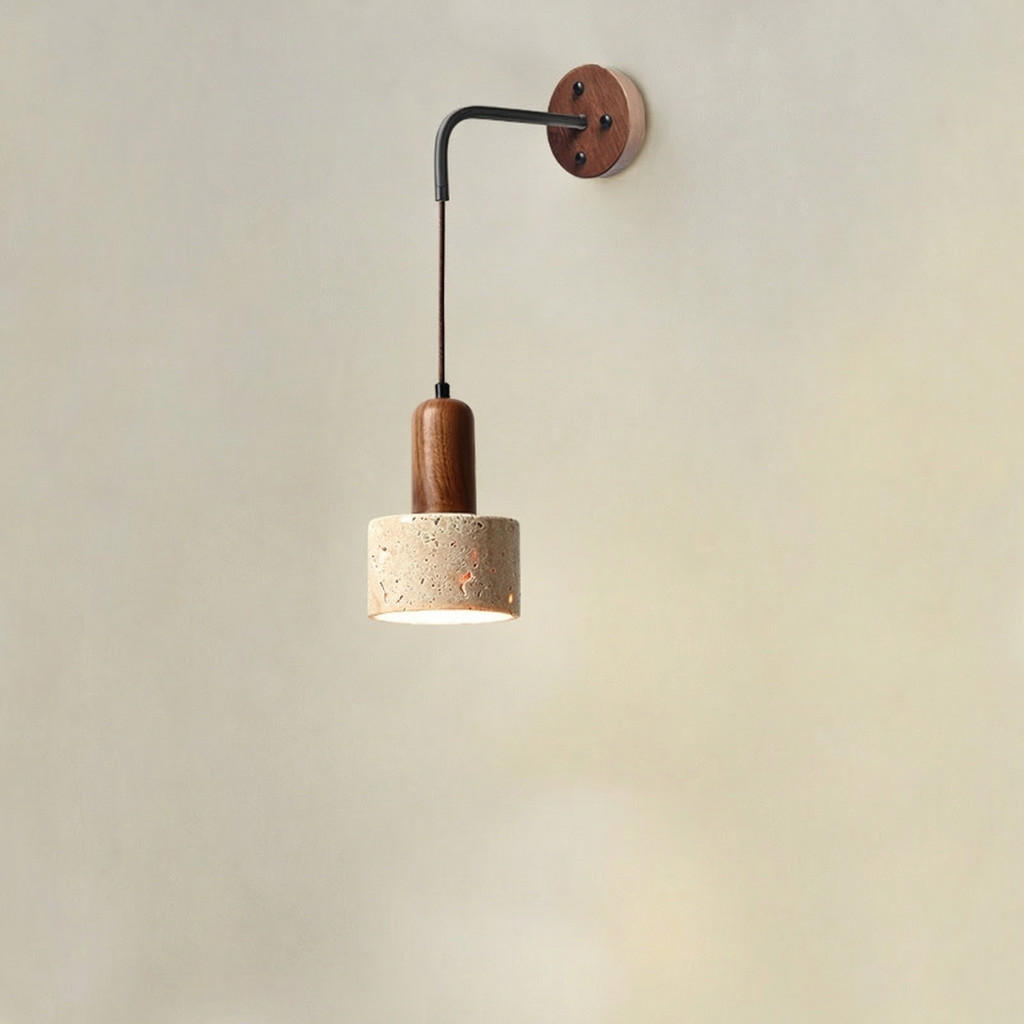 Travertine Hanging Cylinder Wall Lamp with Wooden Detail