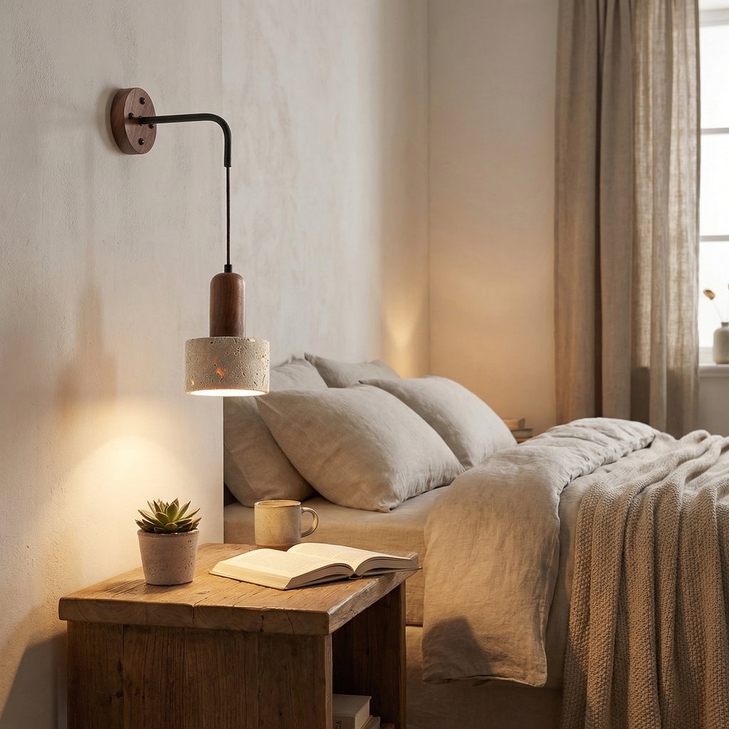 Travertine Hanging Cylinder Wall Lamp with Wooden Detail