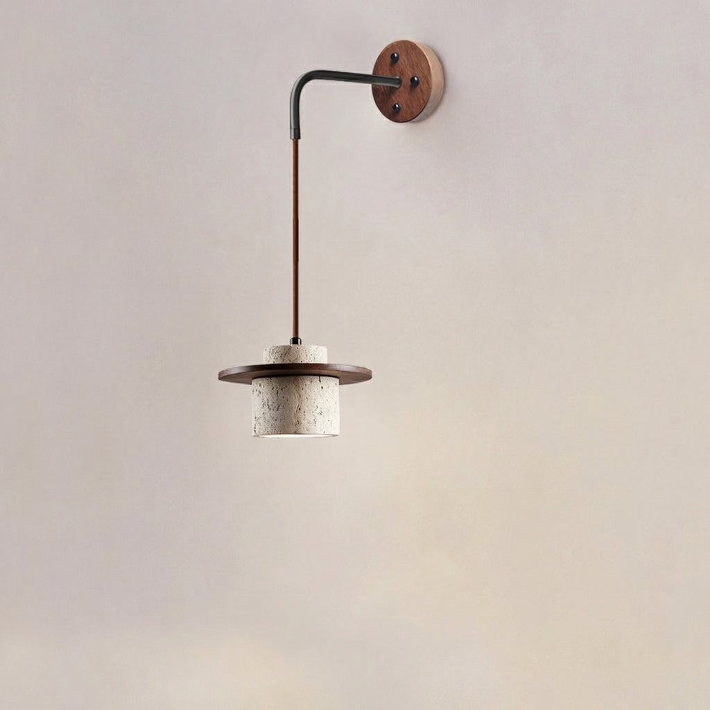 Travertine Disc Wall Pendant Lamp with Dark Wood Finish
