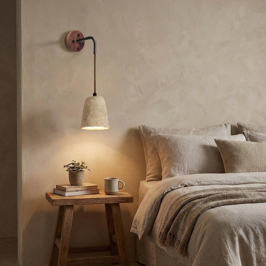 Travertine Hanging Tapered Wall Lamp with Wooden Base