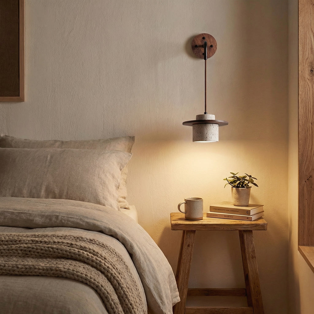 Travertine Disc Wall Pendant Lamp with Dark Wood Finish