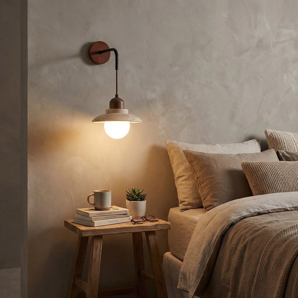 Travertine Wide Shade Wall Lamp with Glass Globe