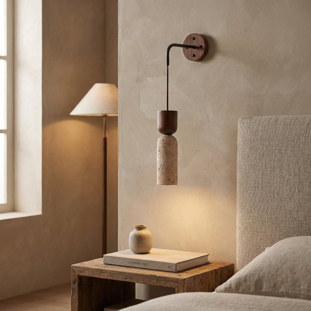 Travertine Hanging Wall Lamp with Wooden Top