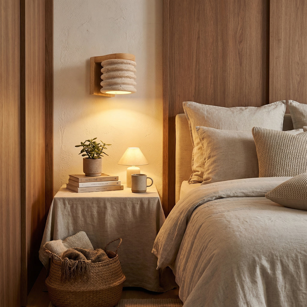 Travertine Ribbed Wall Lamp with Wooden Frame