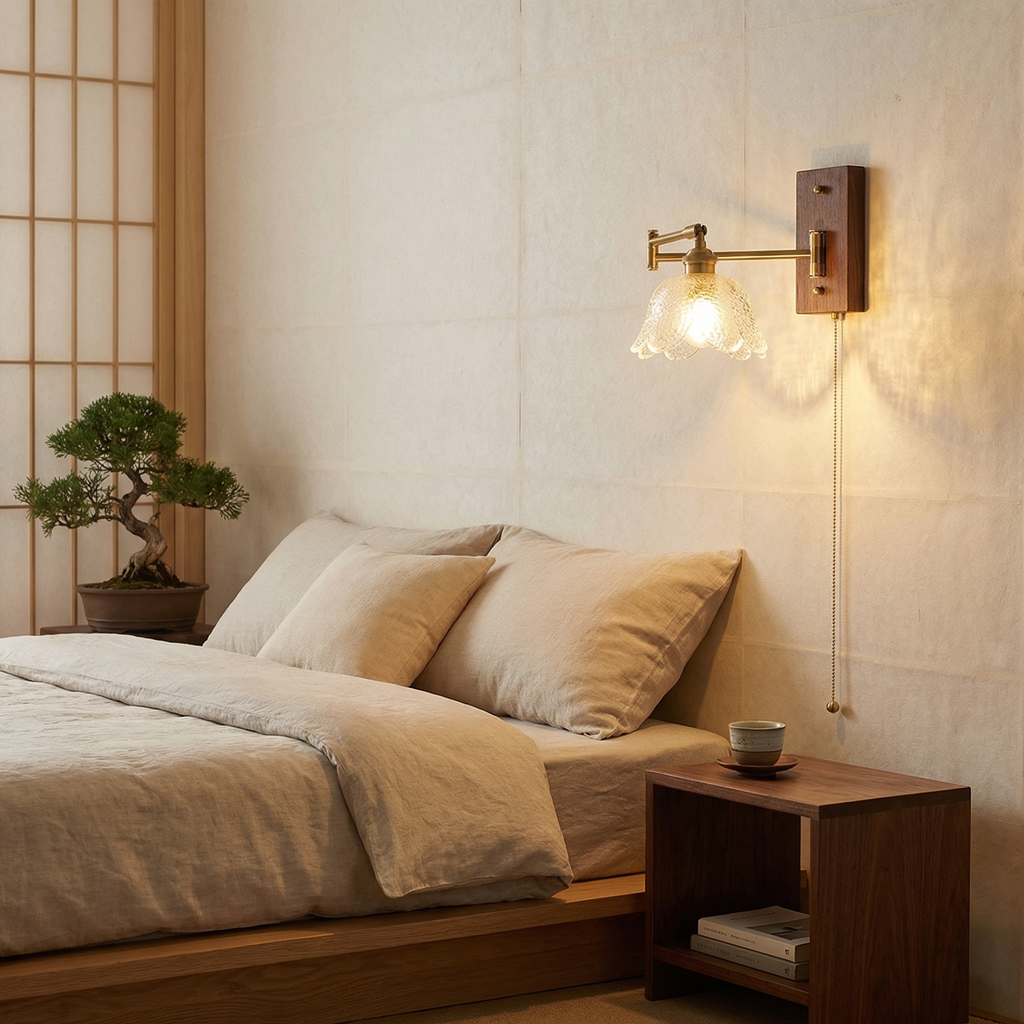 Vintage Brass Wall Lamp with Eight-Petal Glass Shade