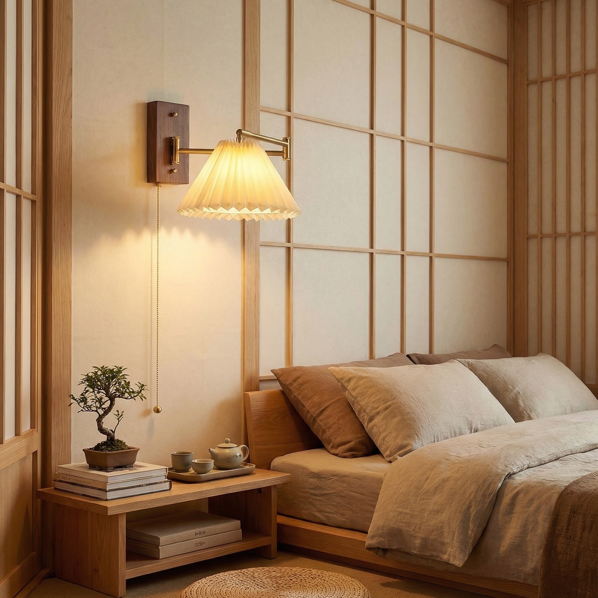 Nordic Pleated Fabric Wall Lamp with Brass Arm