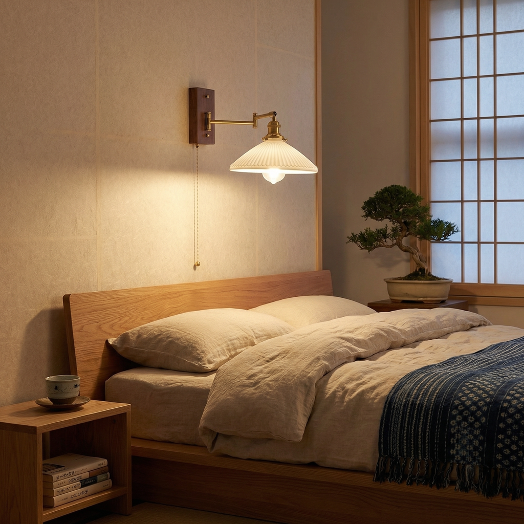 Nordic Pleated Ceramic Wall Lamp with Brass Arm