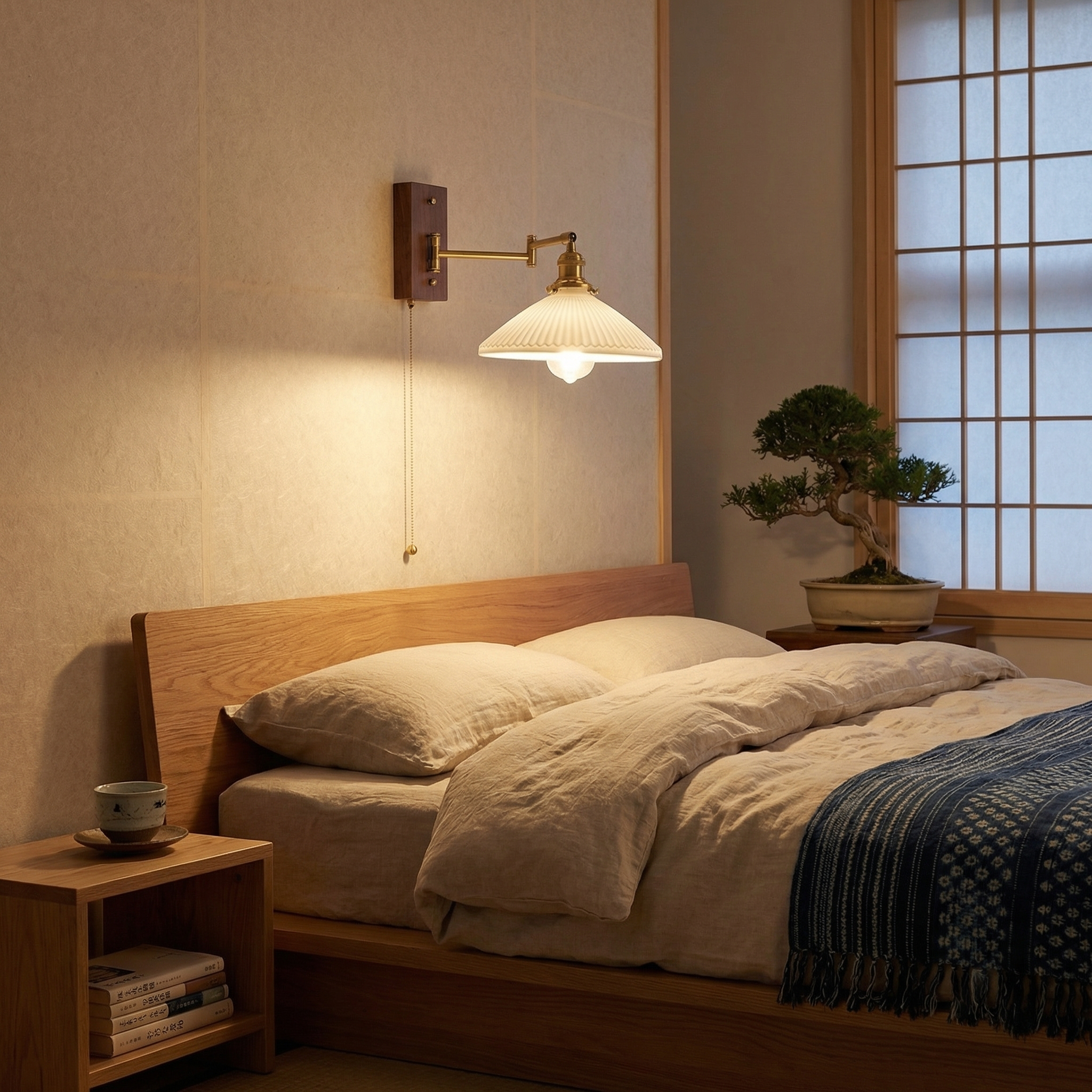 Nordic Pleated Ceramic Wall Lamp with Brass Arm