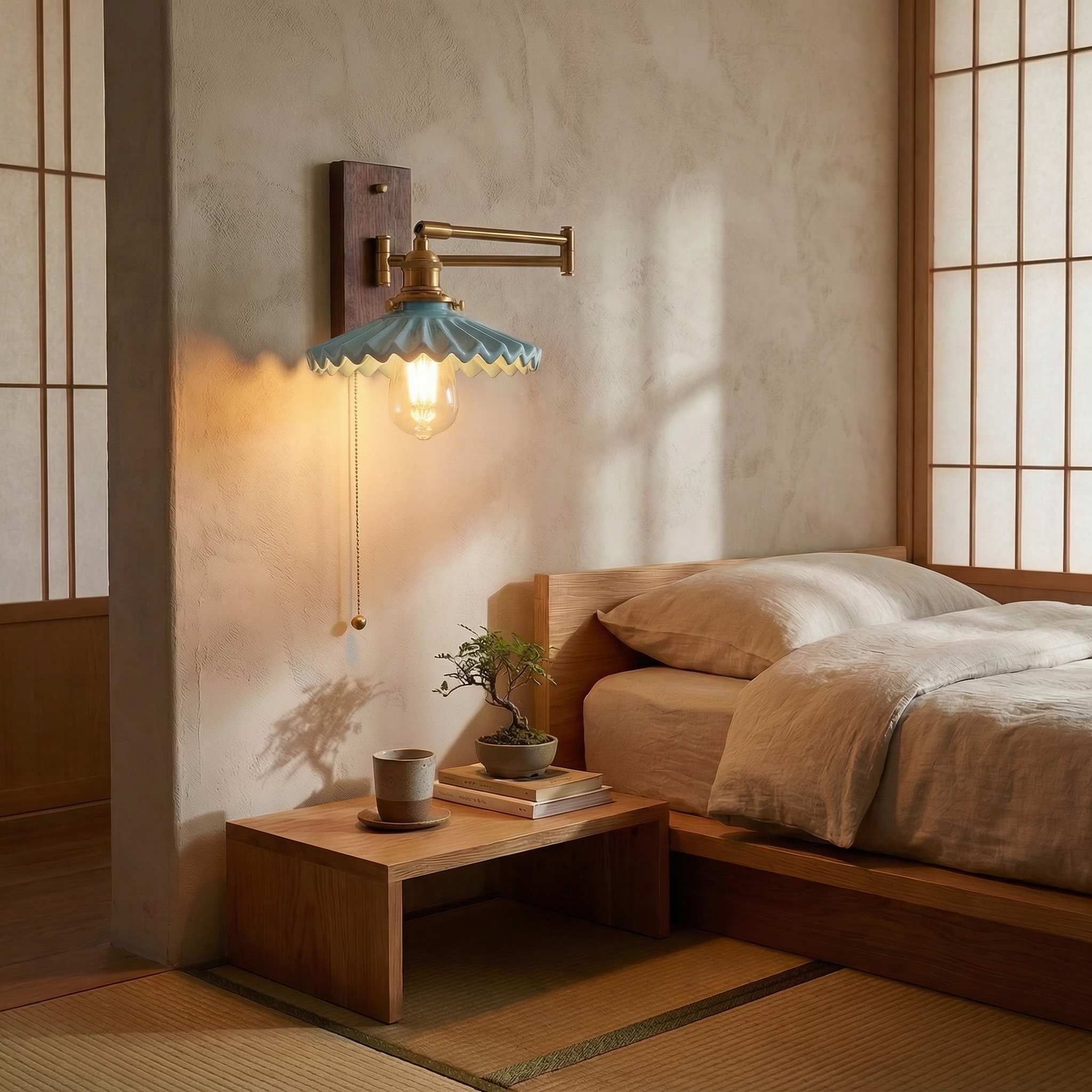 Nordic Wave Porcelain Wall Lamp with Brass Arm