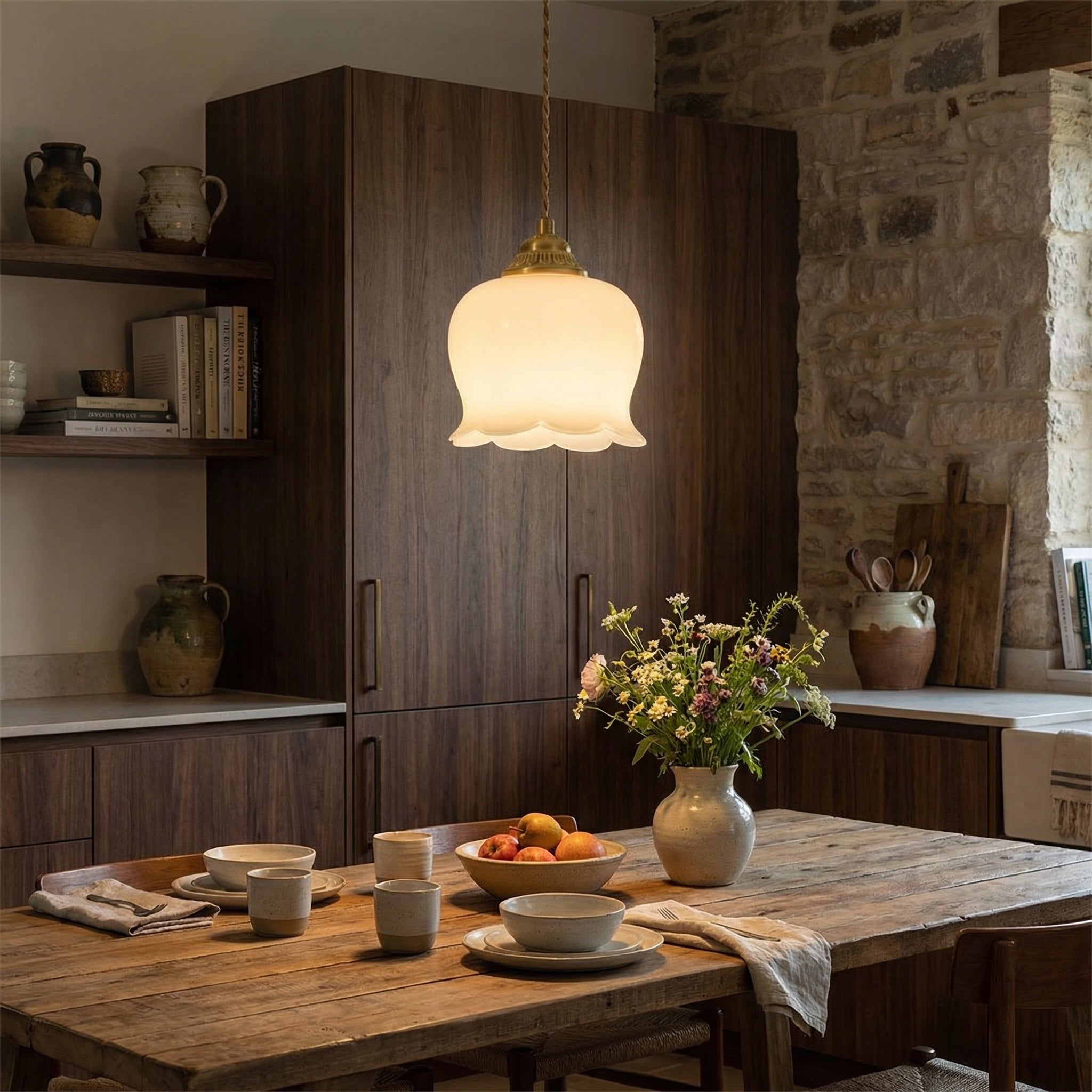 French Cream Lily Pendant with Brass Finish