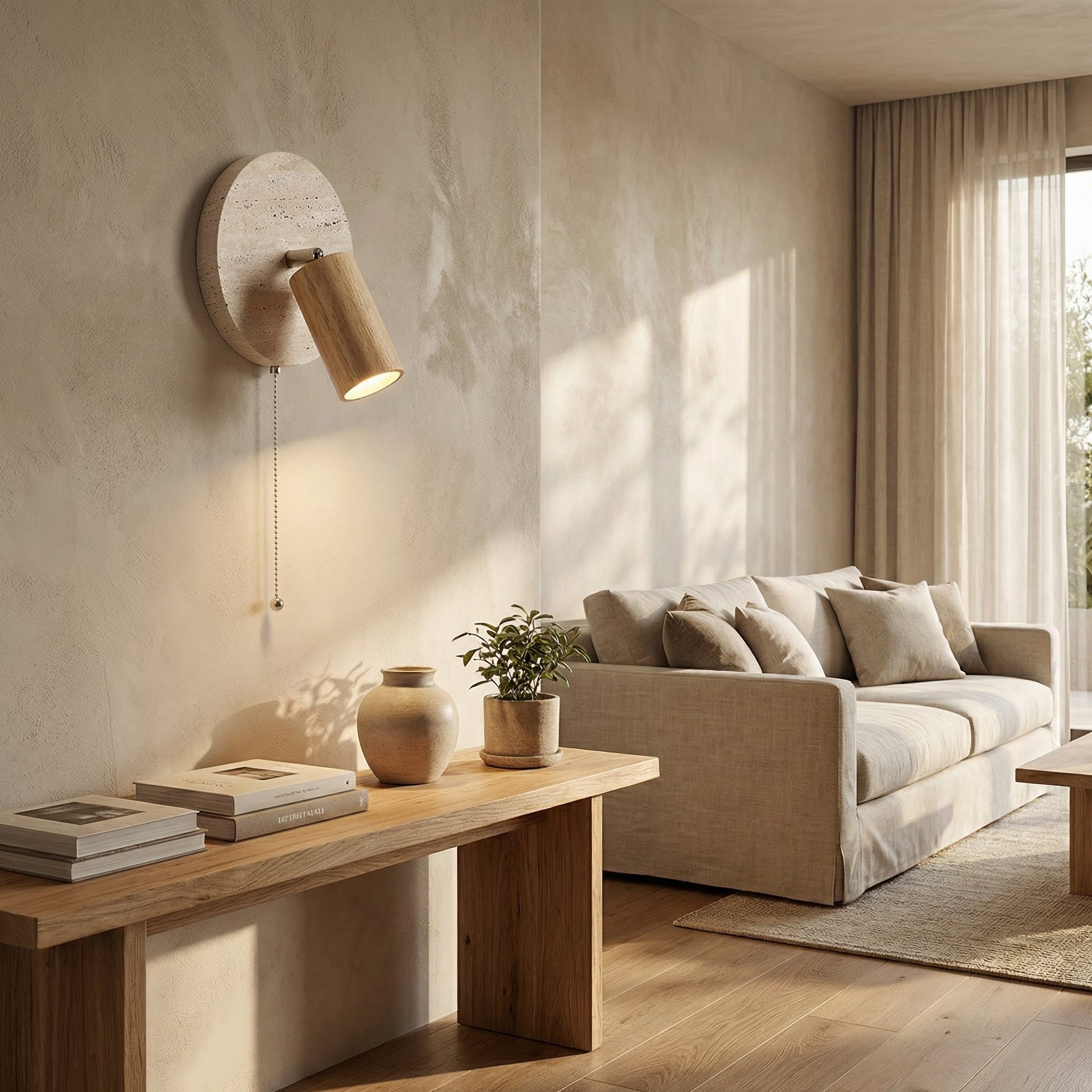 Natural Travertine Wall Reading Lamp with Pull Chain