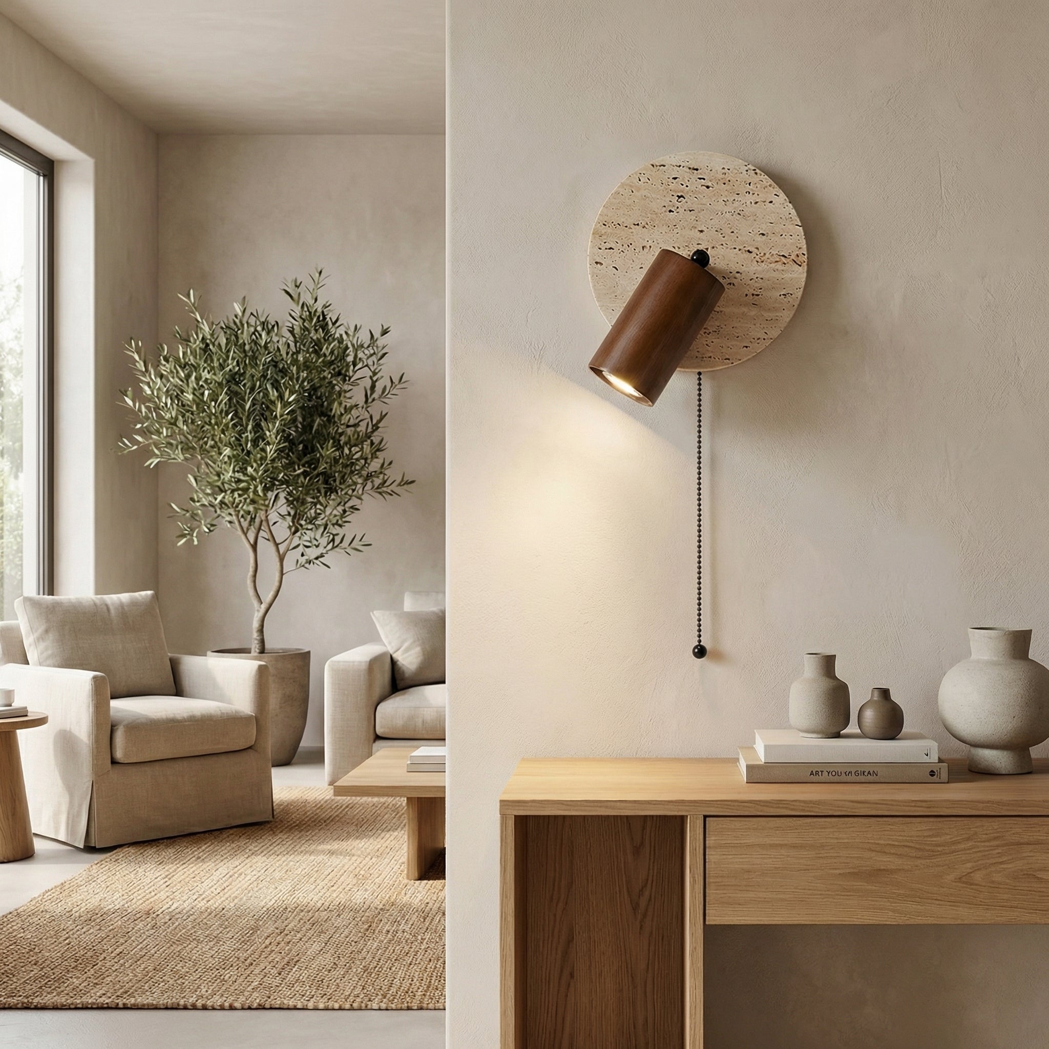 Natural Travertine Wall Reading Lamp with Pull Chain