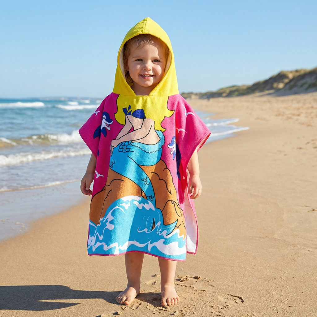 Kids Hooded Bath Towel Soft Microfiber Cartoon Bathrobe Cape