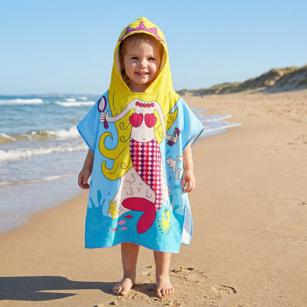 Kids Hooded Bath Towel Soft Microfiber Cartoon Bathrobe Cape