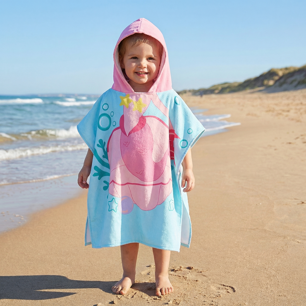 Kids Hooded Bath Towel Soft Microfiber Cartoon Bathrobe Cape
