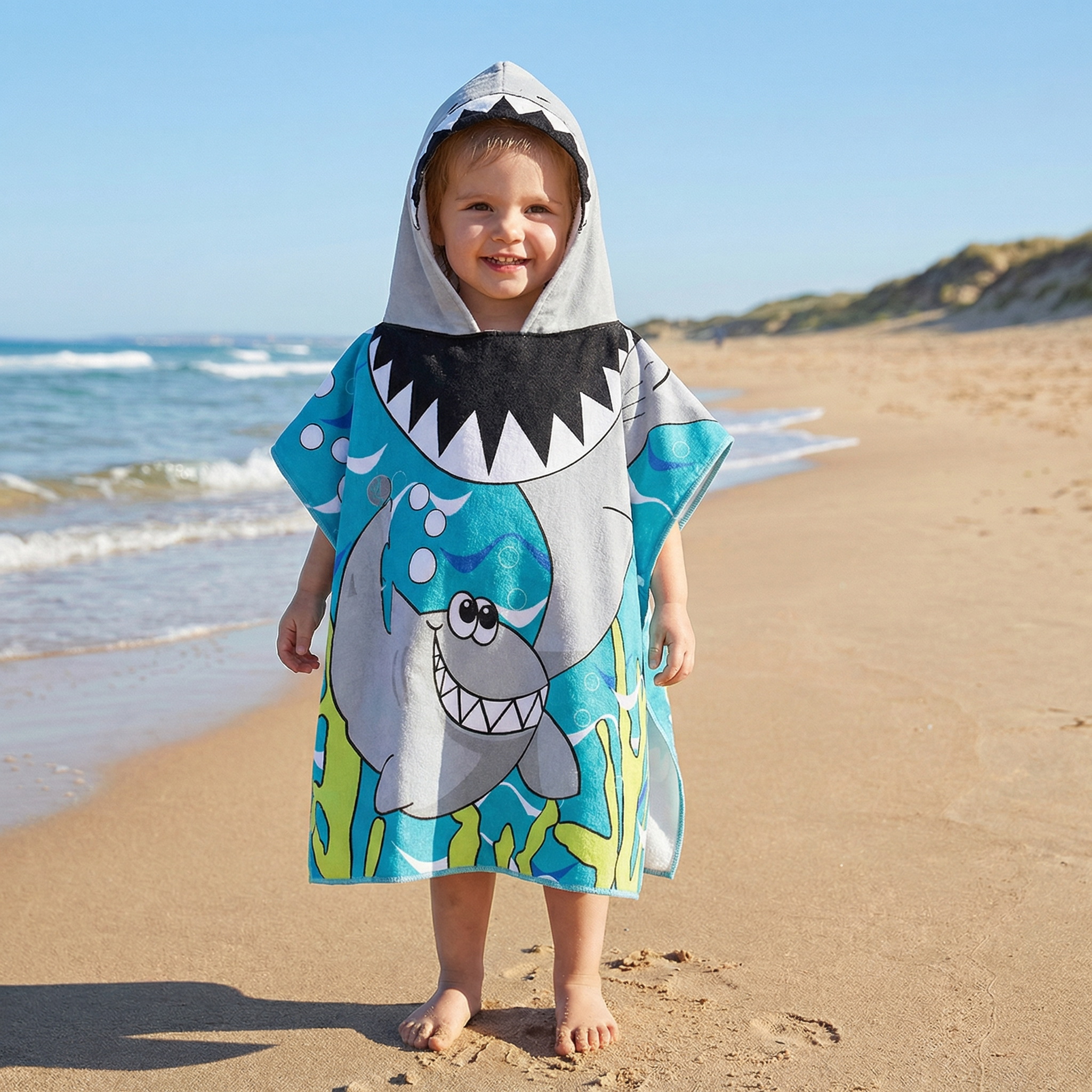 Kids Hooded Bath Towel Soft Microfiber Cartoon Bathrobe Cape