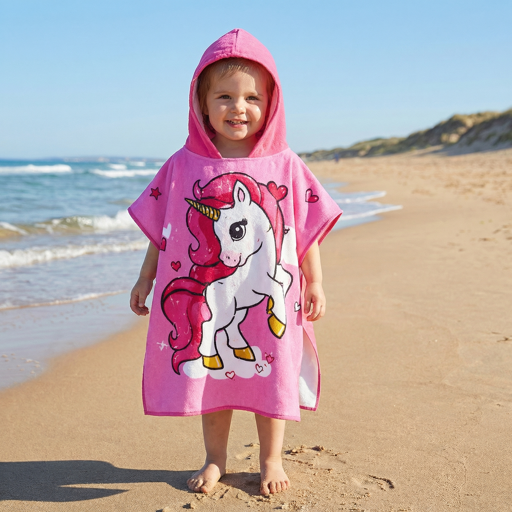 Kids Hooded Bath Towel Soft Microfiber Cartoon Bathrobe Cape