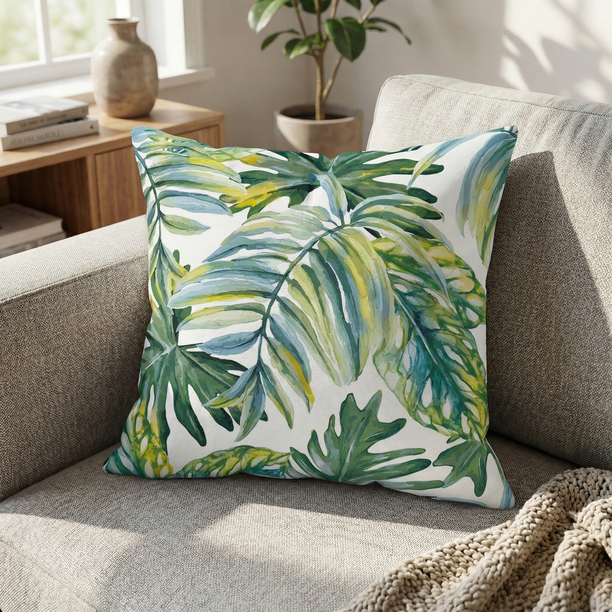 Tropical Leaf Cushion Watercolor Green Botanical Outdoor Cushion