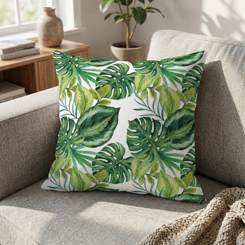 Tropical Leaf Cushion Watercolor Green Botanical Outdoor Cushion