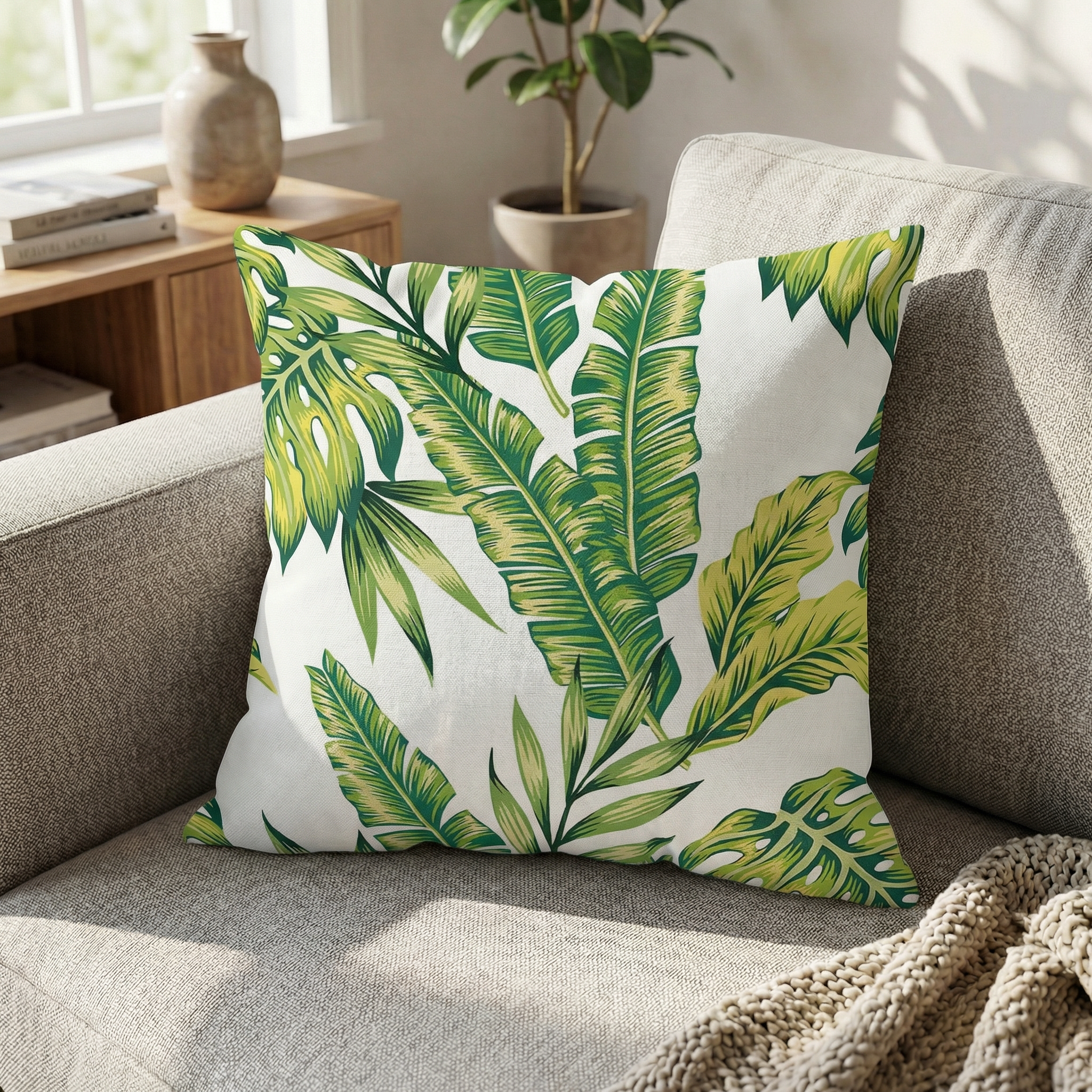 Tropical Leaf Cushion Watercolor Green Botanical Outdoor Cushion
