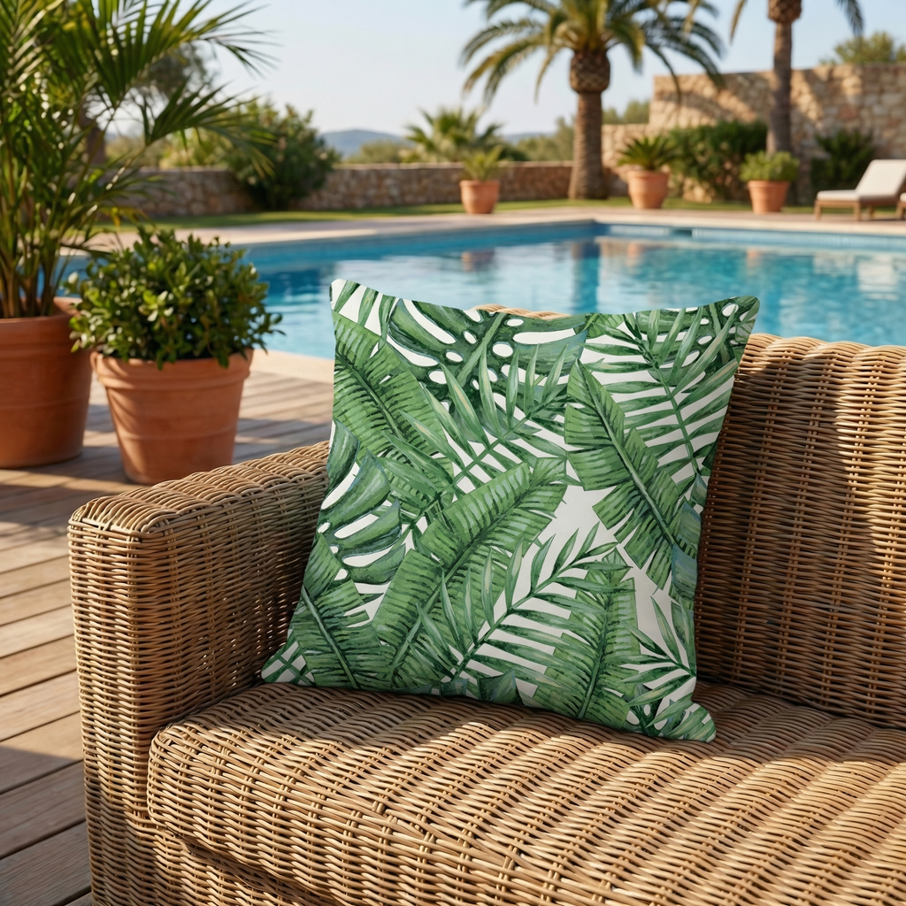 Tropical Leaf Cushion Watercolor Green Botanical Outdoor Cushion
